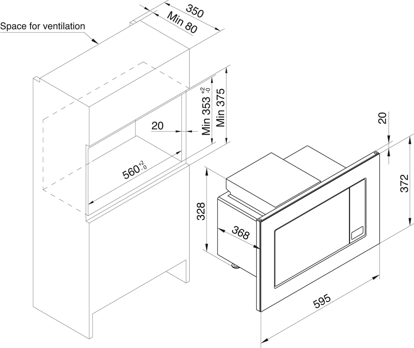 Rysunek techniczny wbudowanej kuchenki mikrofalowej z wymiarami w milimetrach.