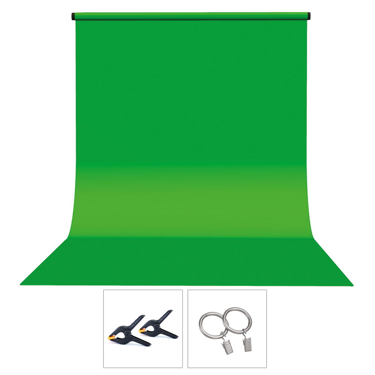 Green Screen mit zwei schwarzen Klammern und zwei silbernen Ringclips in der unteren Ecke.