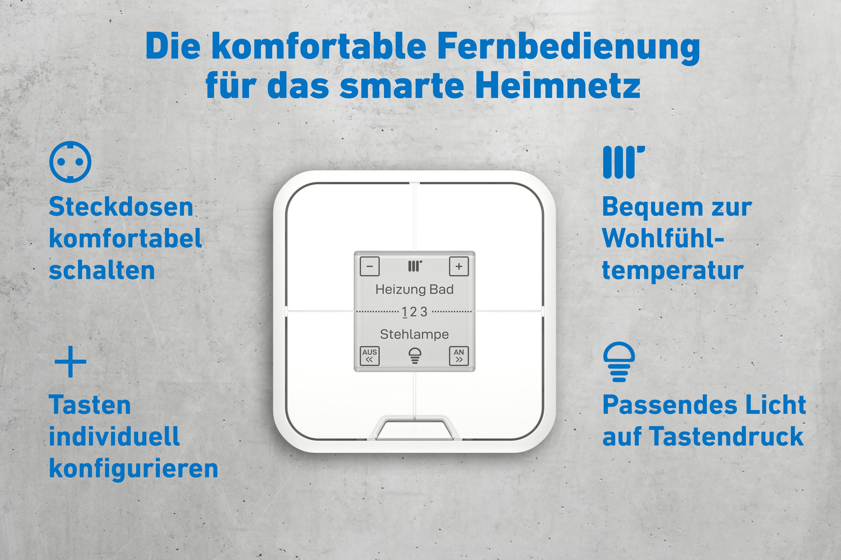 Smart Home Fernbedienung mit Tasten für Heizung, Lampe und Steckdose.