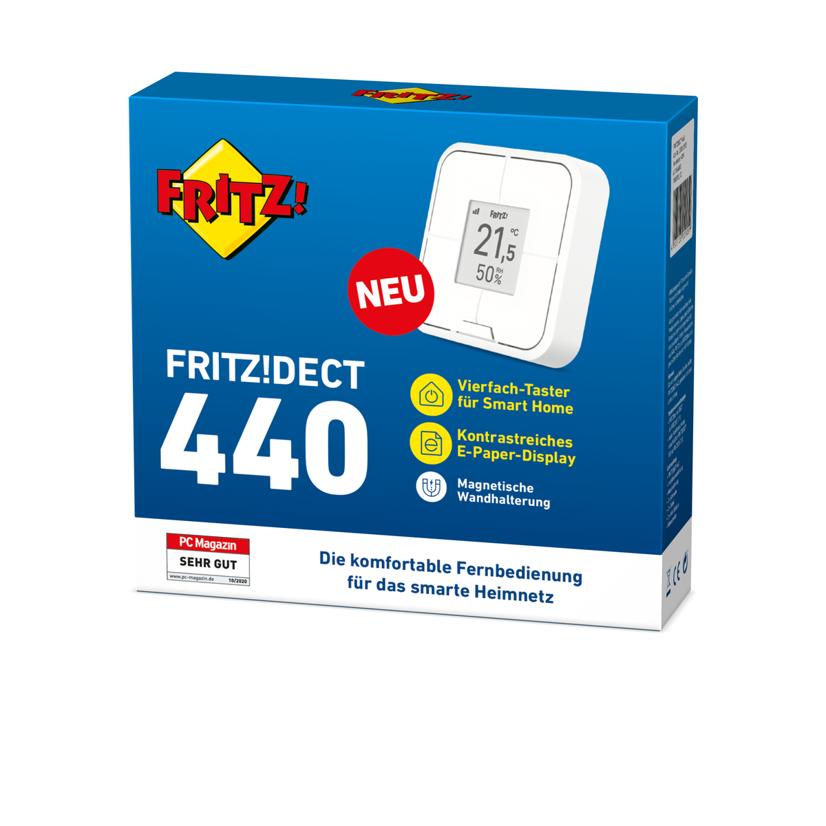 Karton von FRITZ!DECT 440. Text: NEU, Vierfach-Taster, Kontrastreiches E-Paper-Display, Magnetische Wandhalterung.