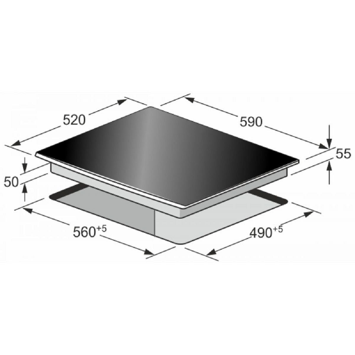 Un diagrama de una placa de cocina negra, con dimensiones y un fondo blanco simple.