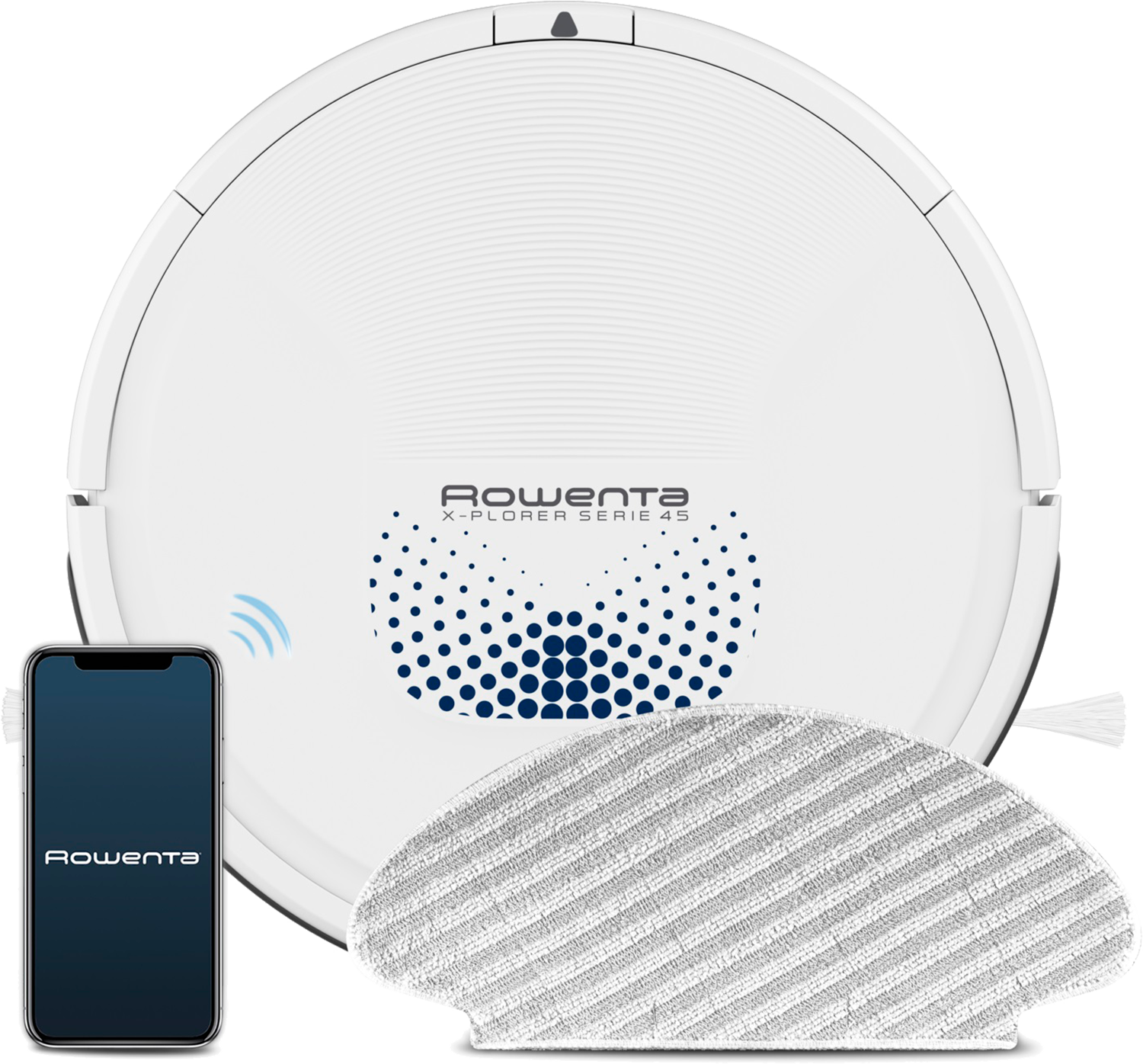 Biały odkurzacz automatyczny z telefonem i nakładką czyszczącą na białej powierzchni.