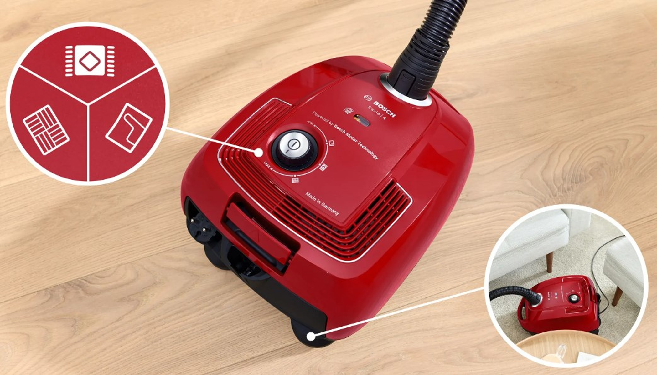 Czerwony odkurzacz Bosch na drewnianej podłodze, z ikonami trybów czyszczenia w pobliżu.