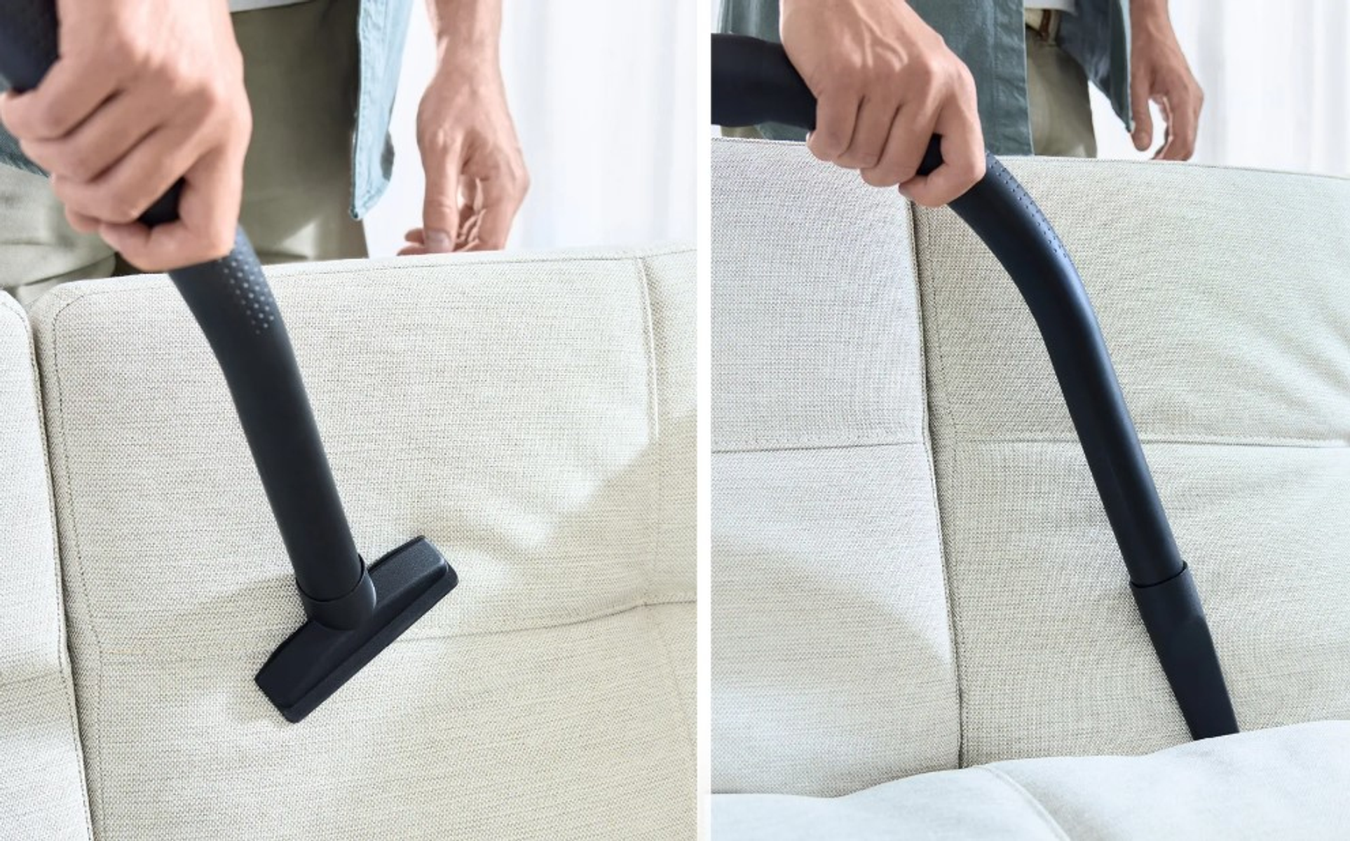Zbliżenia głowicy odkurzacza czyszczącej powierzchnię i szczelinę sofy.