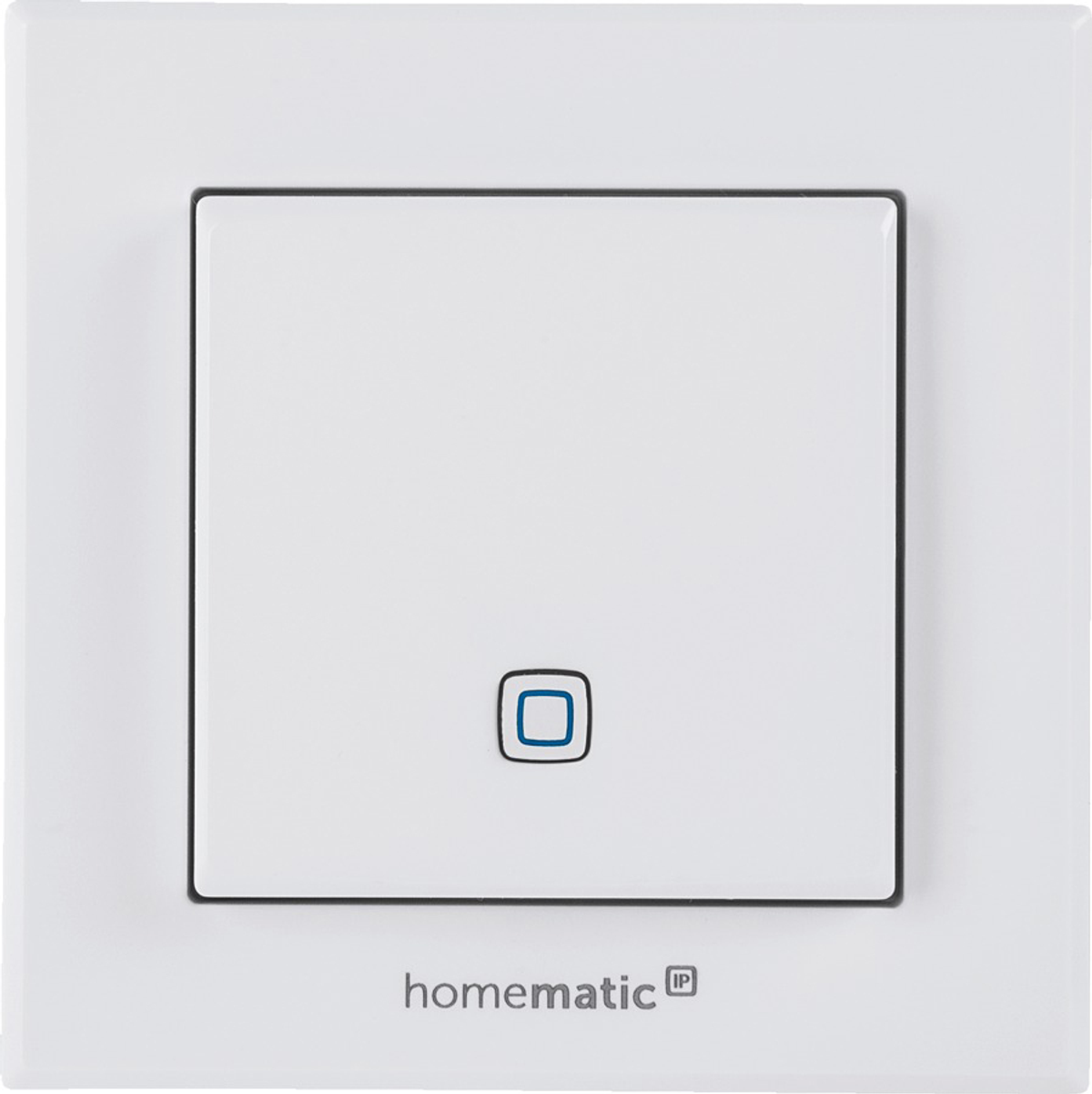 Weißer Lichtschalter mit blauem Kreisknaopf. Text: homematic IP. Weißer Hintergrund.