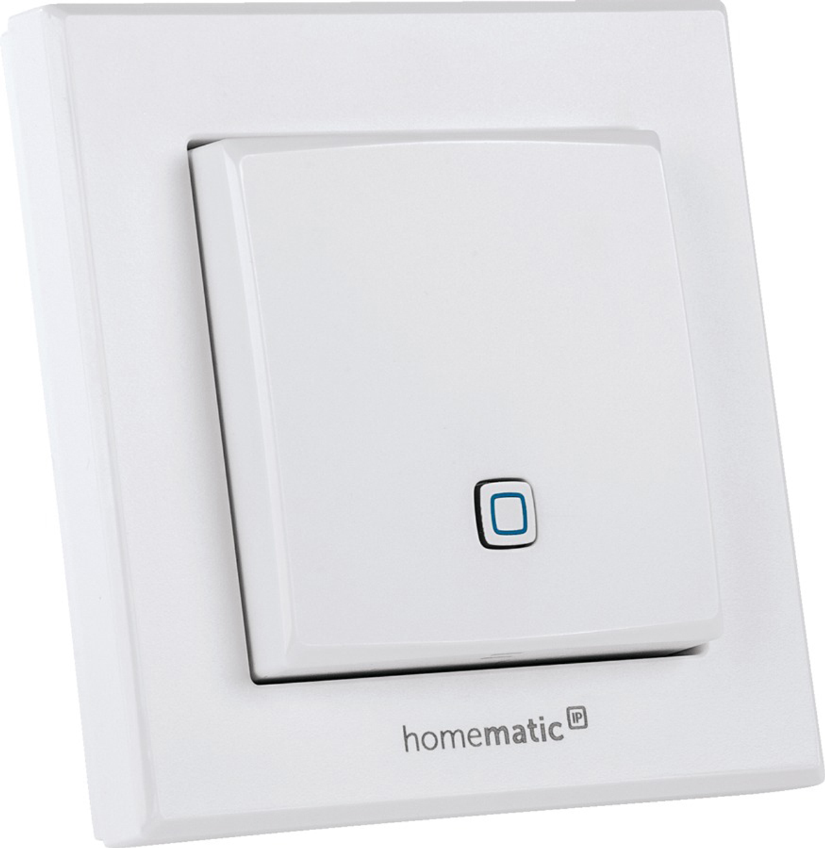 Weißer Lichtschalter mit blau beleuchteter Taste, an einer Wand montiert. Die Marke "homematic ip" ist sichtbar.
