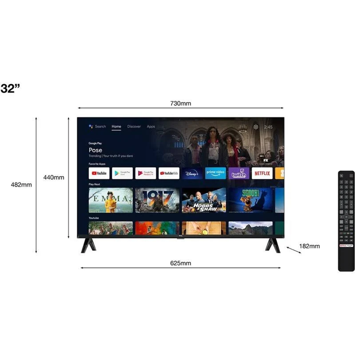 Schermo TV nero con dimensioni e telecomando su sfondo bianco.