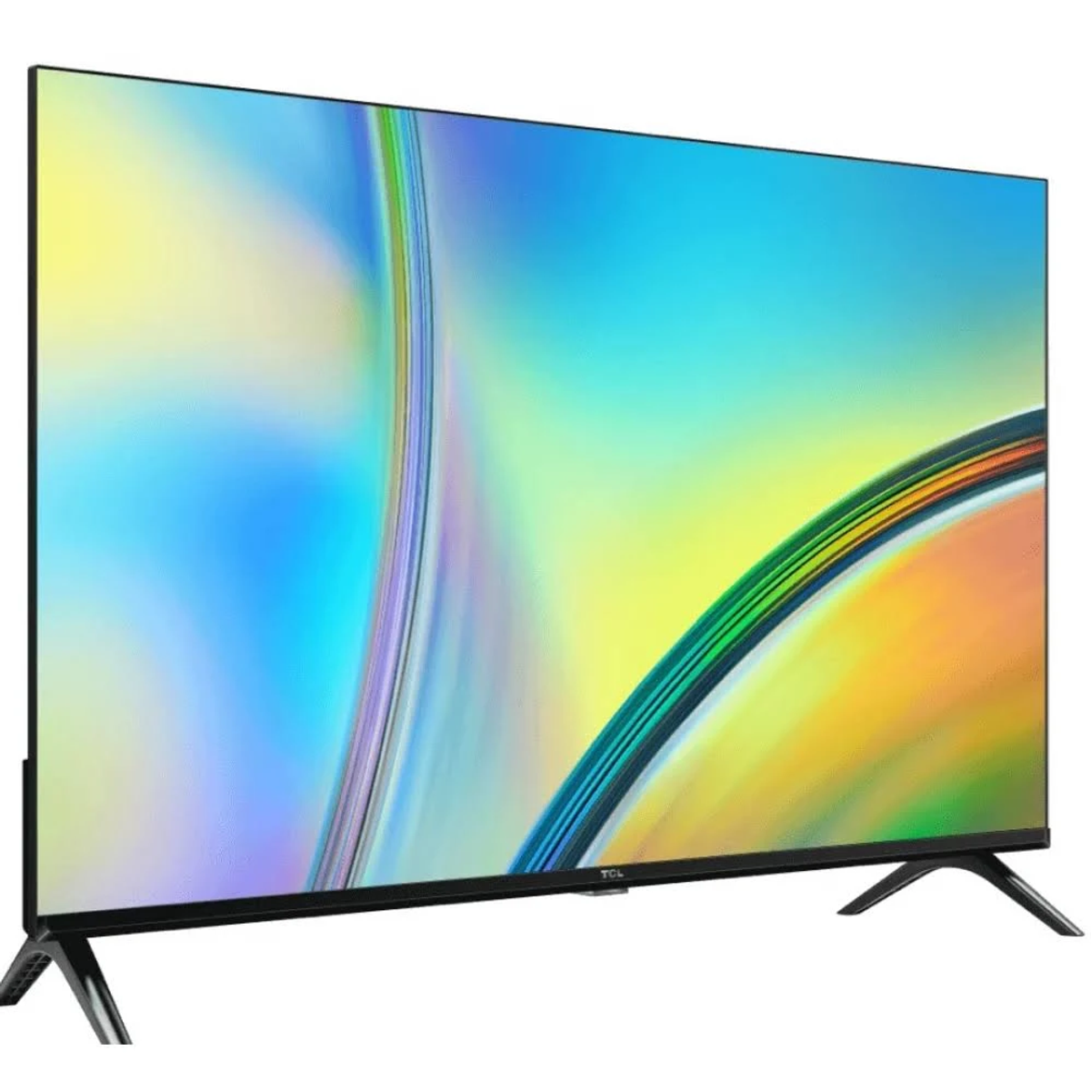 Un TV TCL nero, mostra un display astratto colorato su un supporto.
