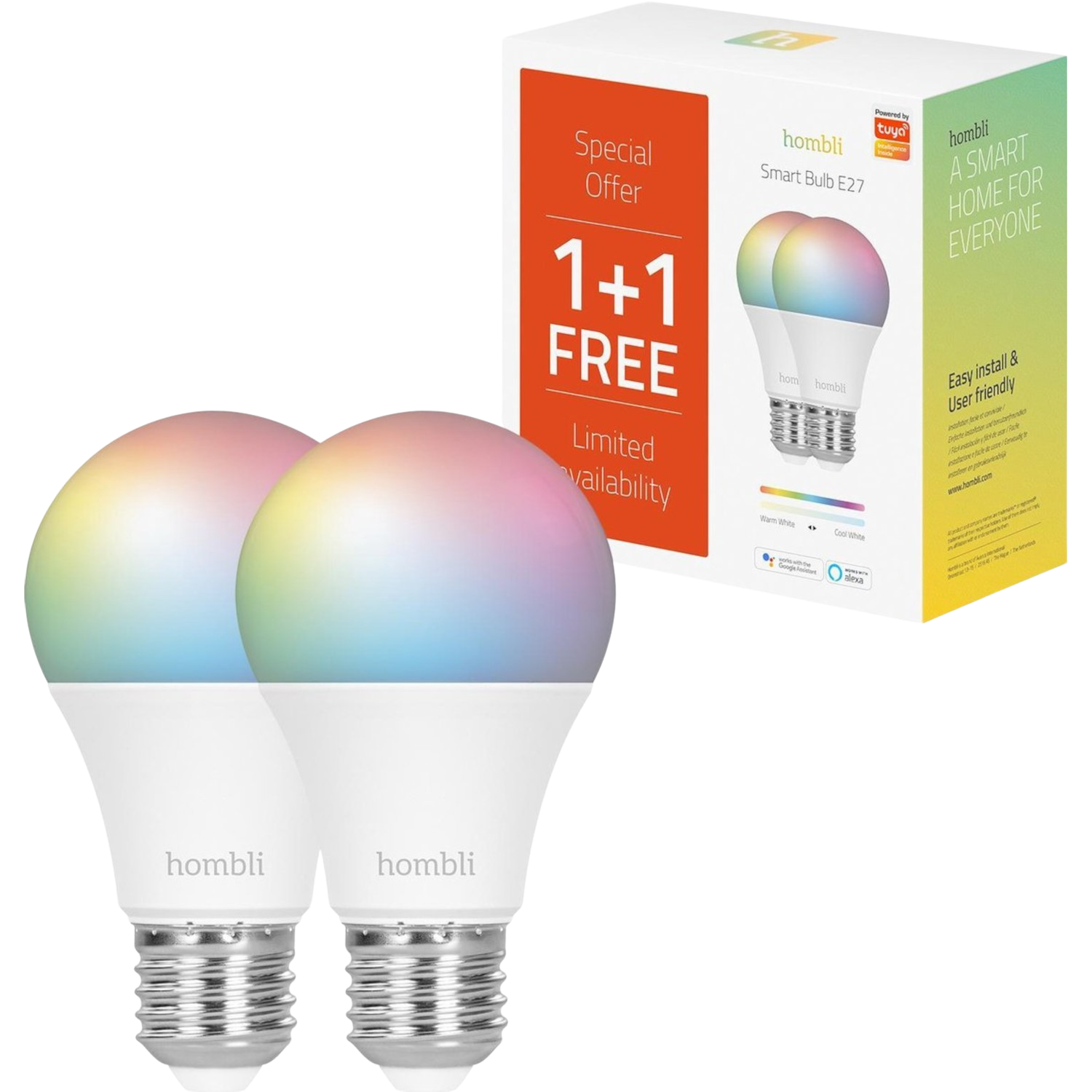 Dwie inteligentne żarówki z tęczową poświatą i pudełko z ofertą specjalną.