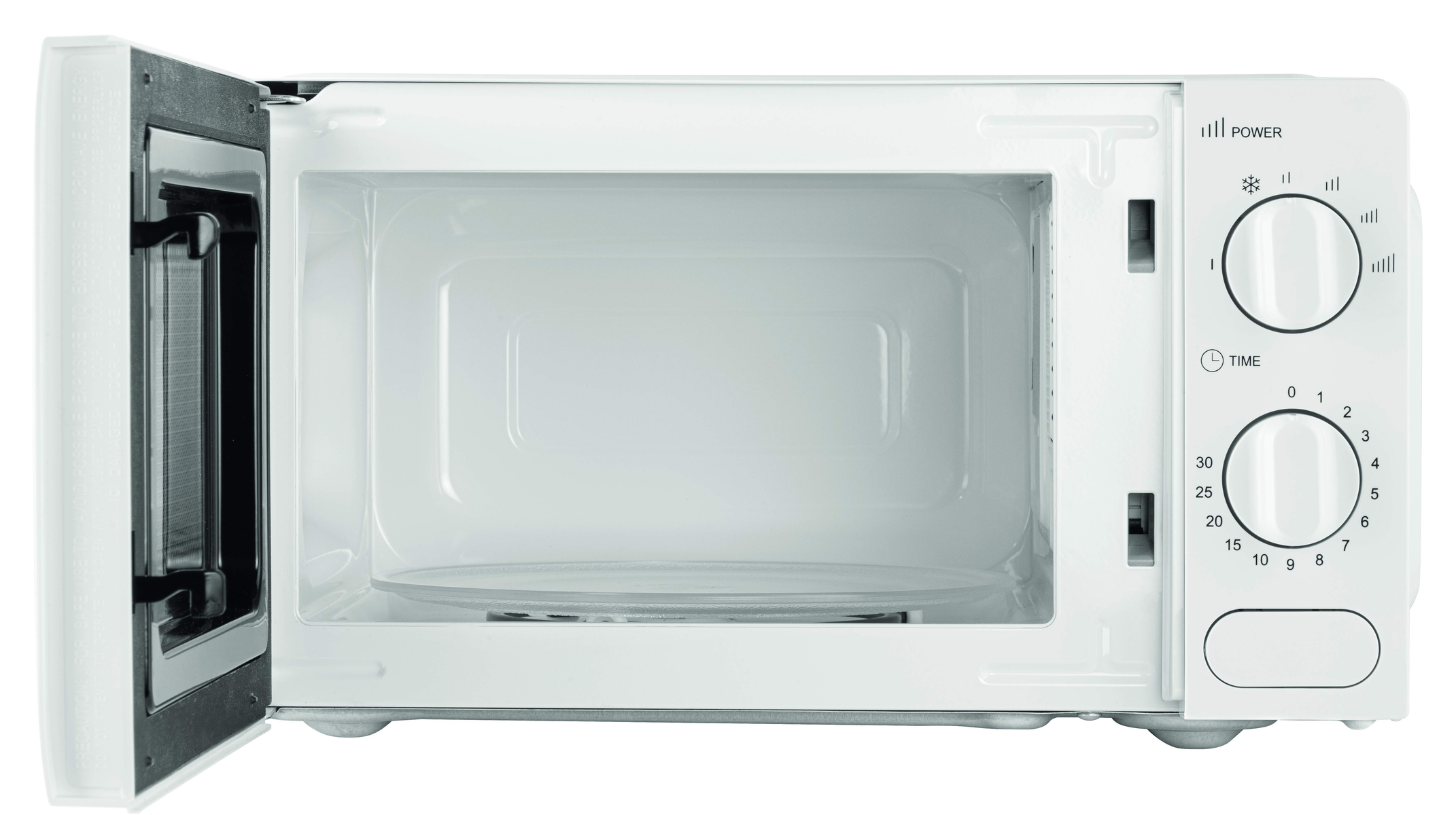 Biała kuchenka mikrofalowa z otwartymi drzwiami, odsłaniająca szklany talerz w środku.