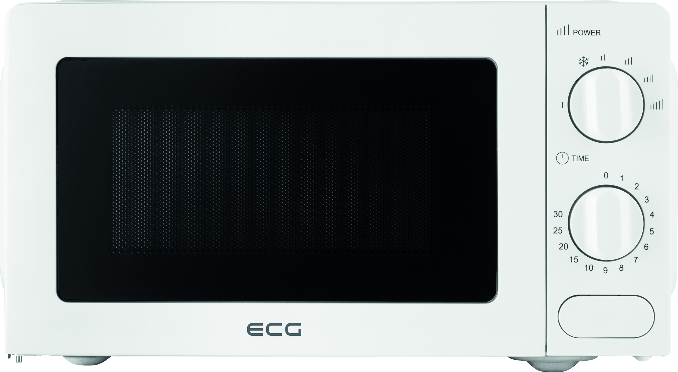 Biała kuchenka mikrofalowa z pokrętłami i czarnymi drzwiami.