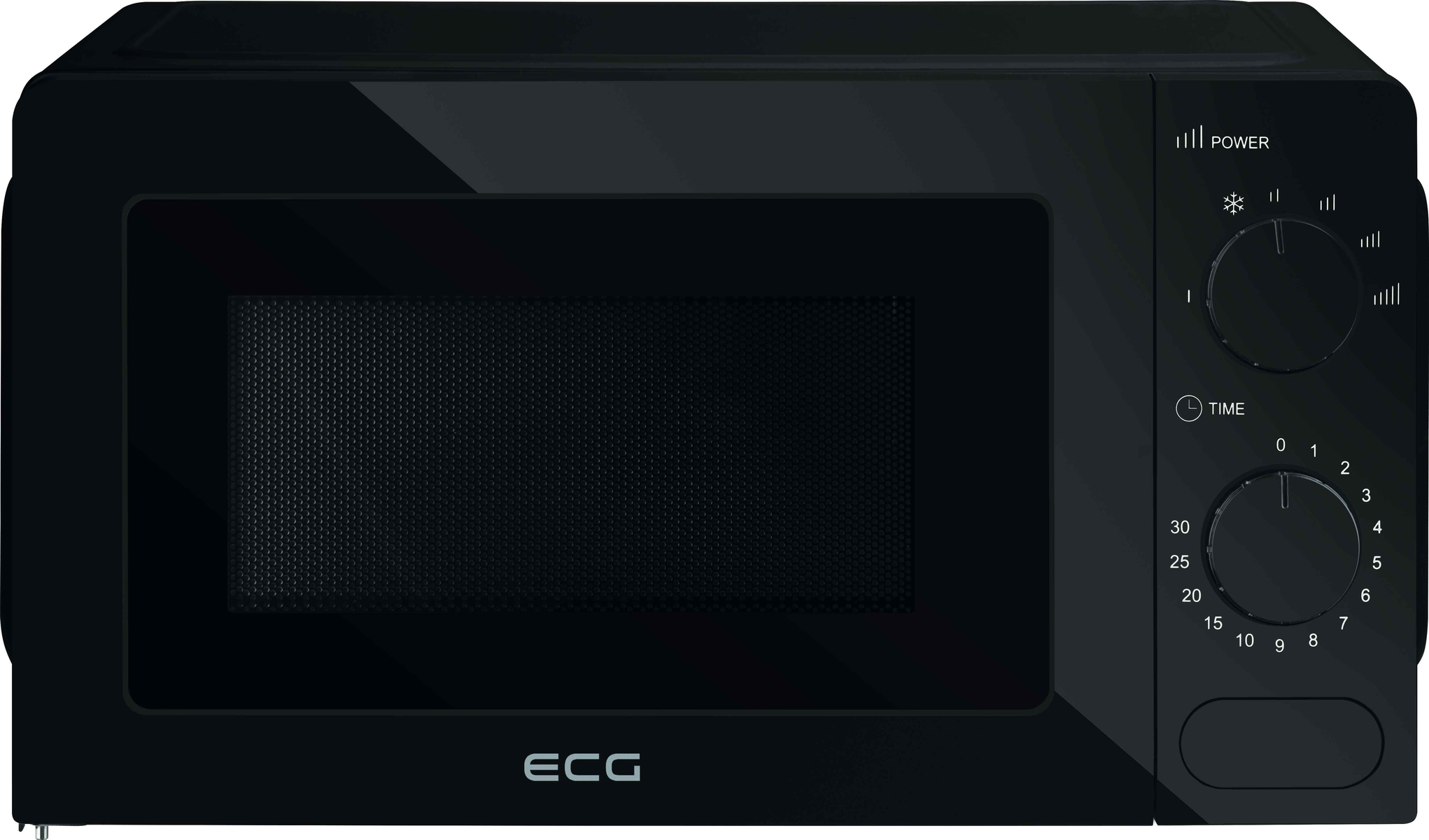 Czarna kuchenka mikrofalowa z panelem sterowania po prawej stronie. Białe tło.