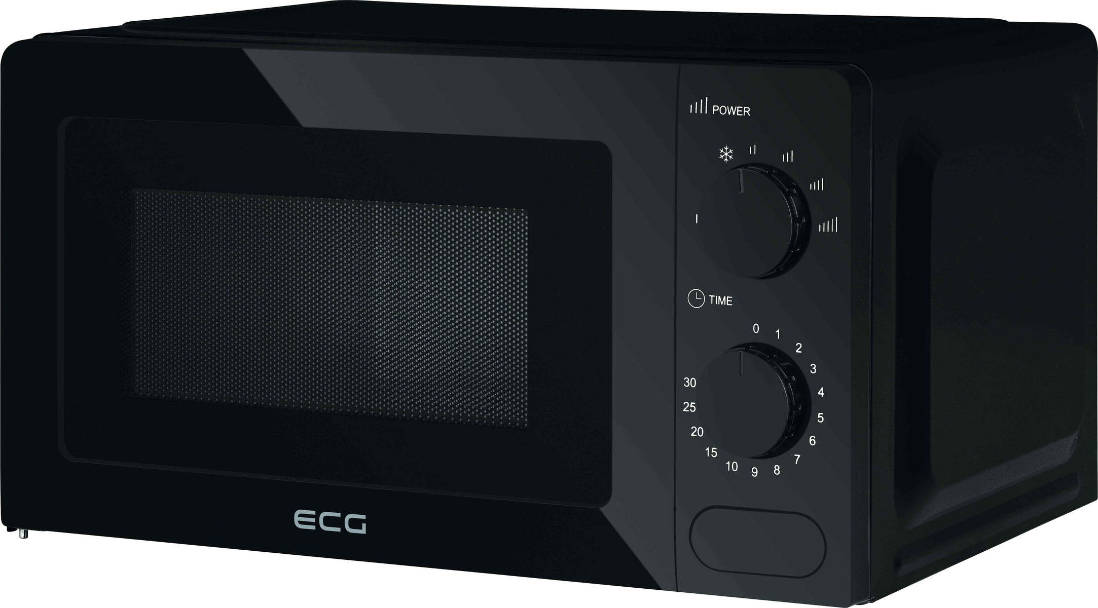 Czarna kuchenka mikrofalowa z pokrętłami i czarnymi drzwiami.