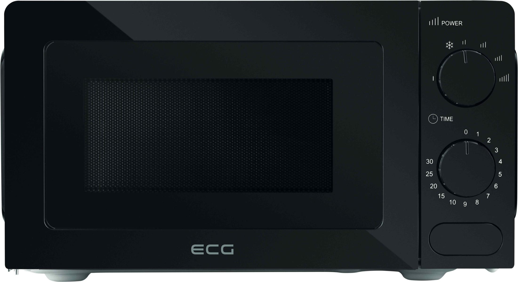 Czarna kuchenka mikrofalowa z pokrętłami i drzwiami. Logo ECG.