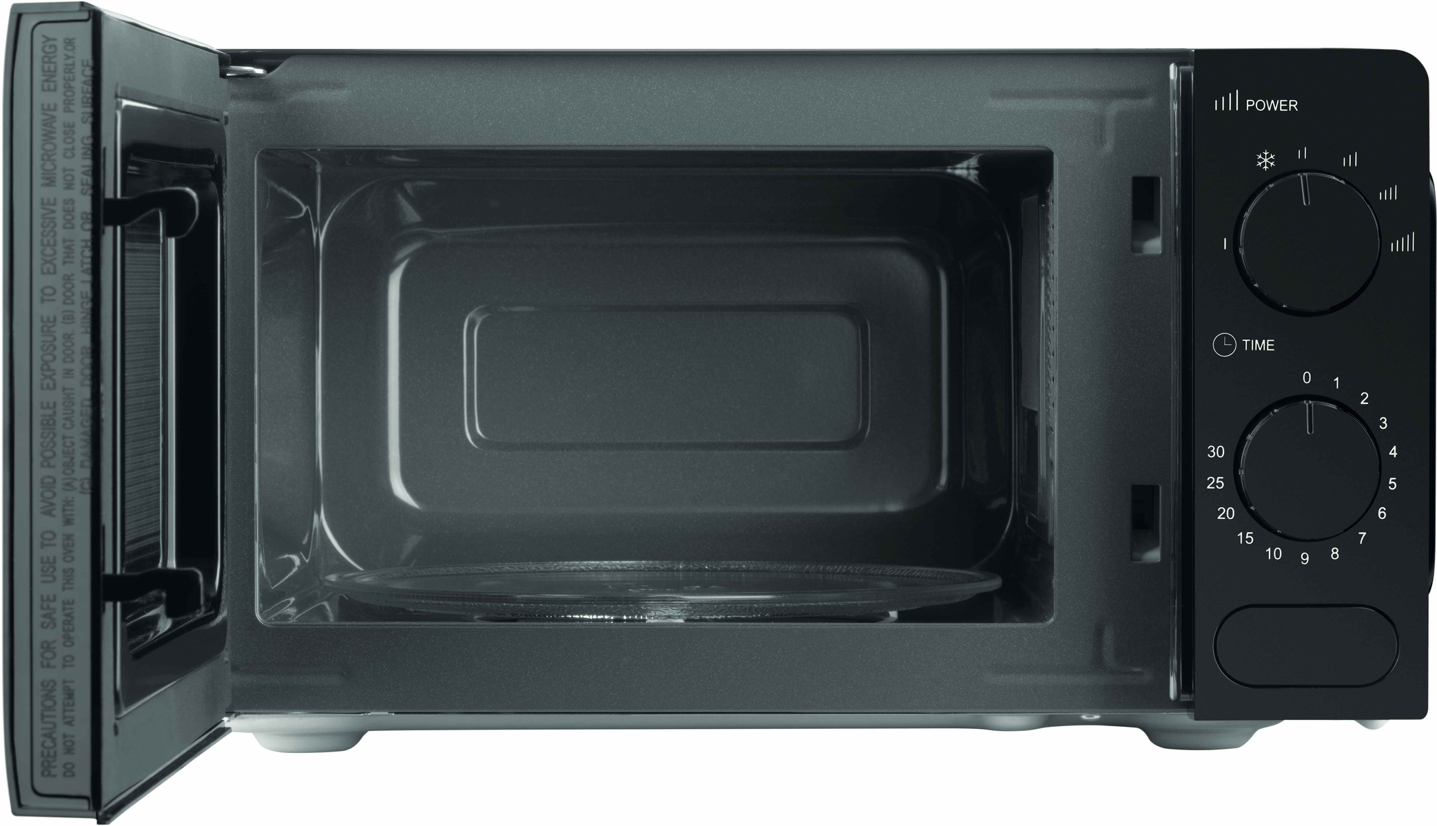 Mikrofalówka z otwartymi drzwiami, wnętrzem, panelem sterowania i szklanym talerzem.