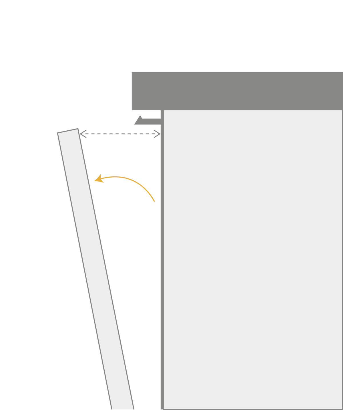 Diagram showing a cabinet door opening, with dimensions and a yellow directional arrow.