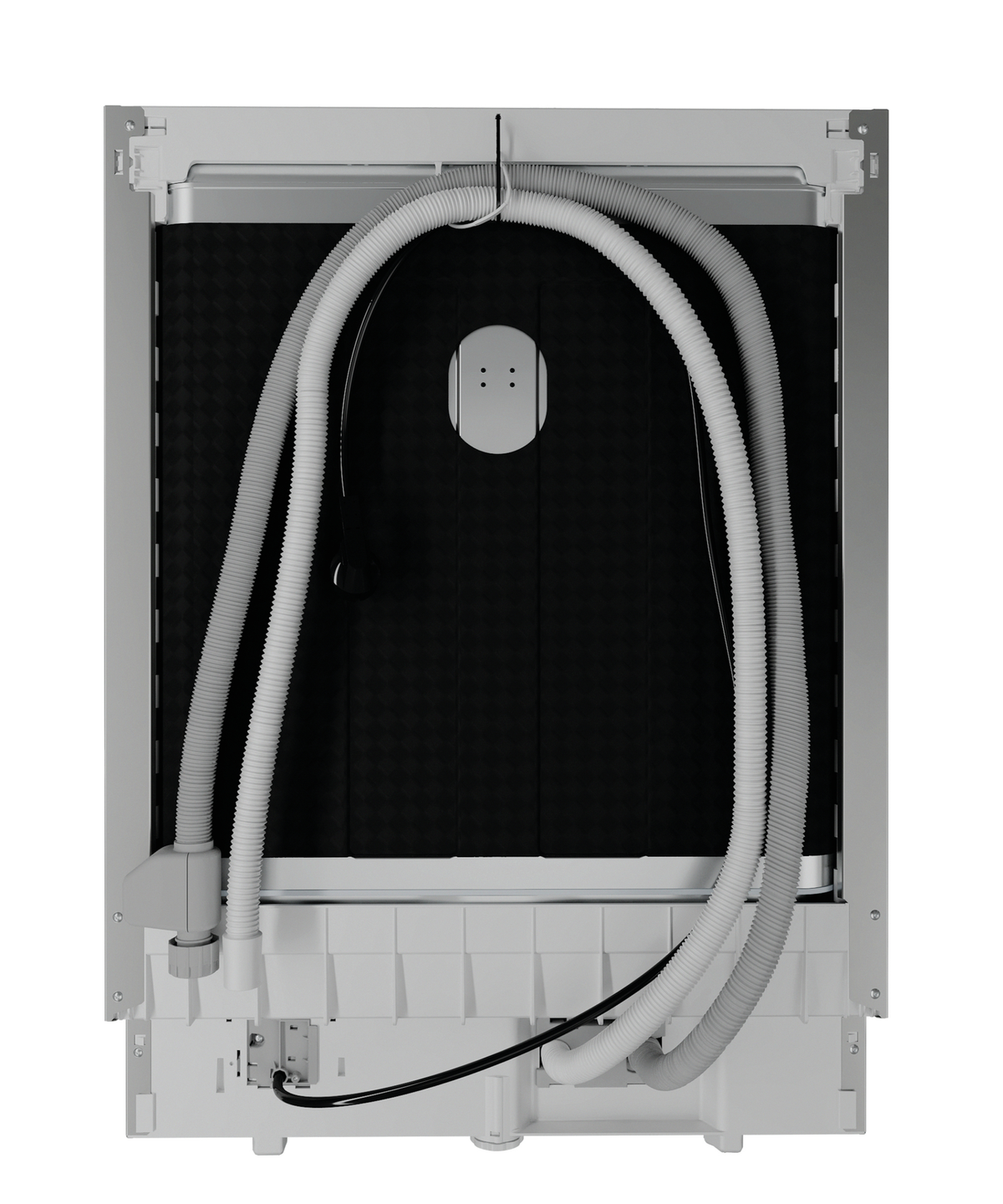 The back of a dishwasher with hoses and internal components visible, against a white background.