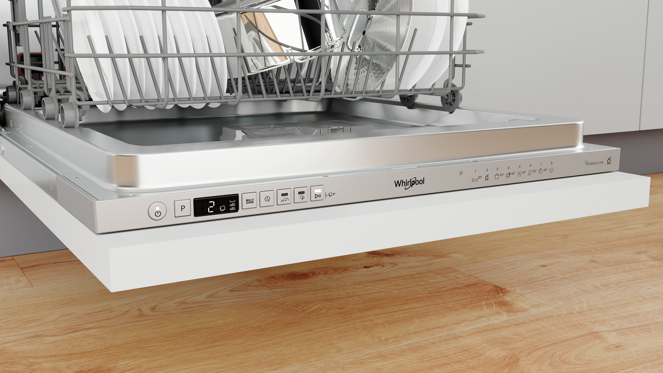A dishwasher with the door slightly open, showing the interior racks and control panel.