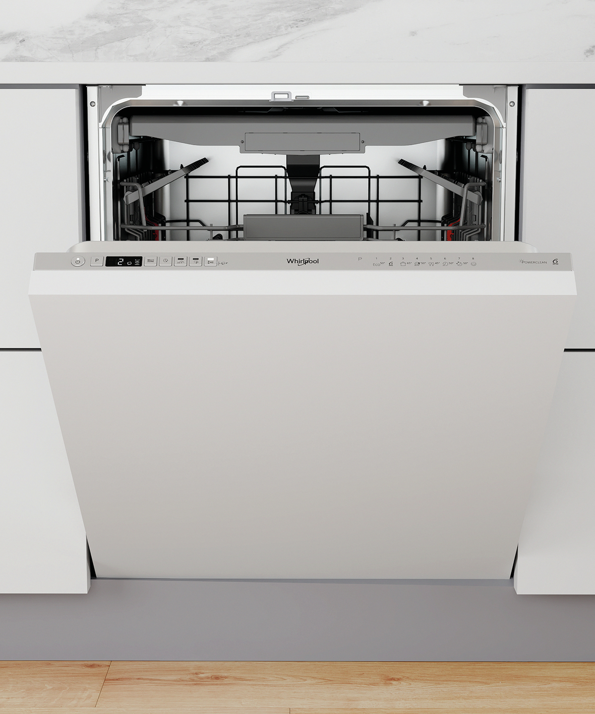 White dishwasher with open door, control panel visible. Background is a white countertop.