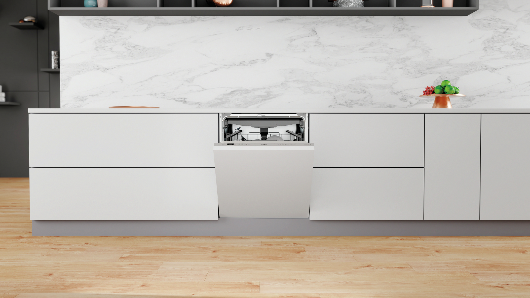 A modern kitchen with a dishwasher integrated into the white cabinetry.