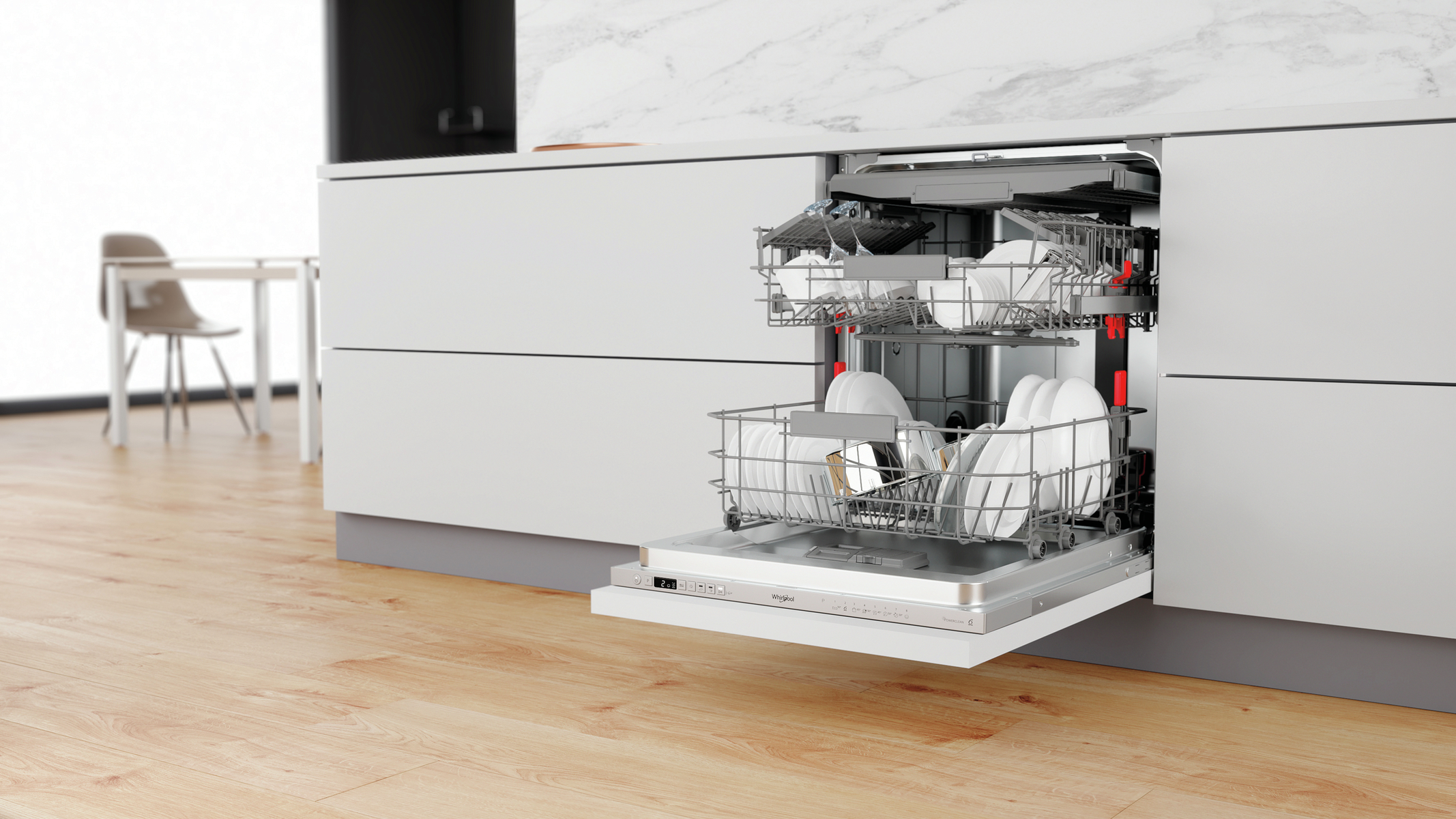 Dishwasher with open door, showing two racks with clean dishes, in a white kitchen.