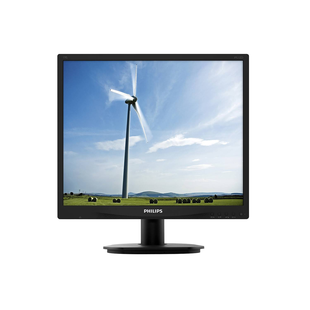 Un monitor che mostra una pala eolica in un campo con cielo blu.