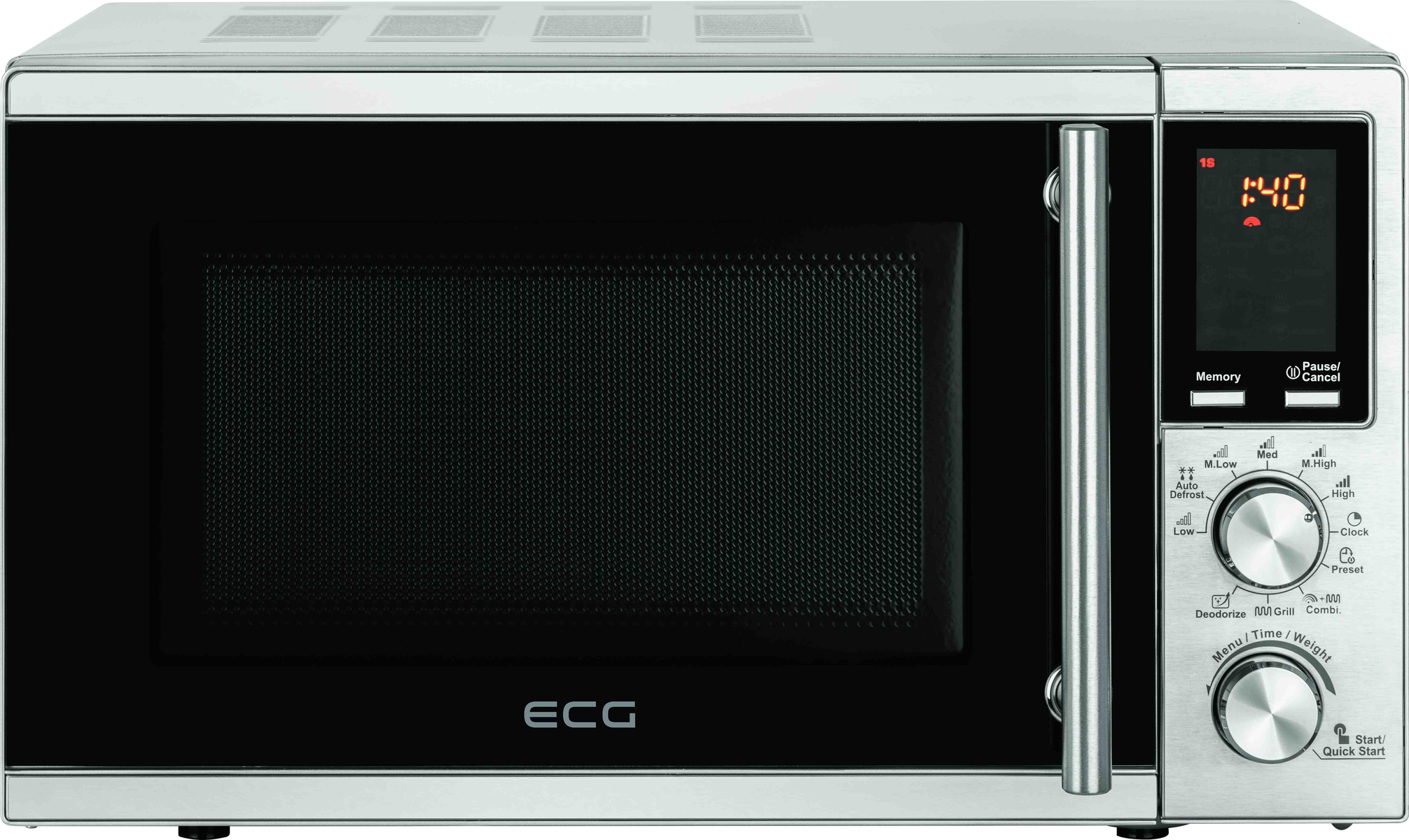 Kuchenka mikrofalowa z wyświetlaczem cyfrowym i panelem sterowania, metaliczne wykończenie.