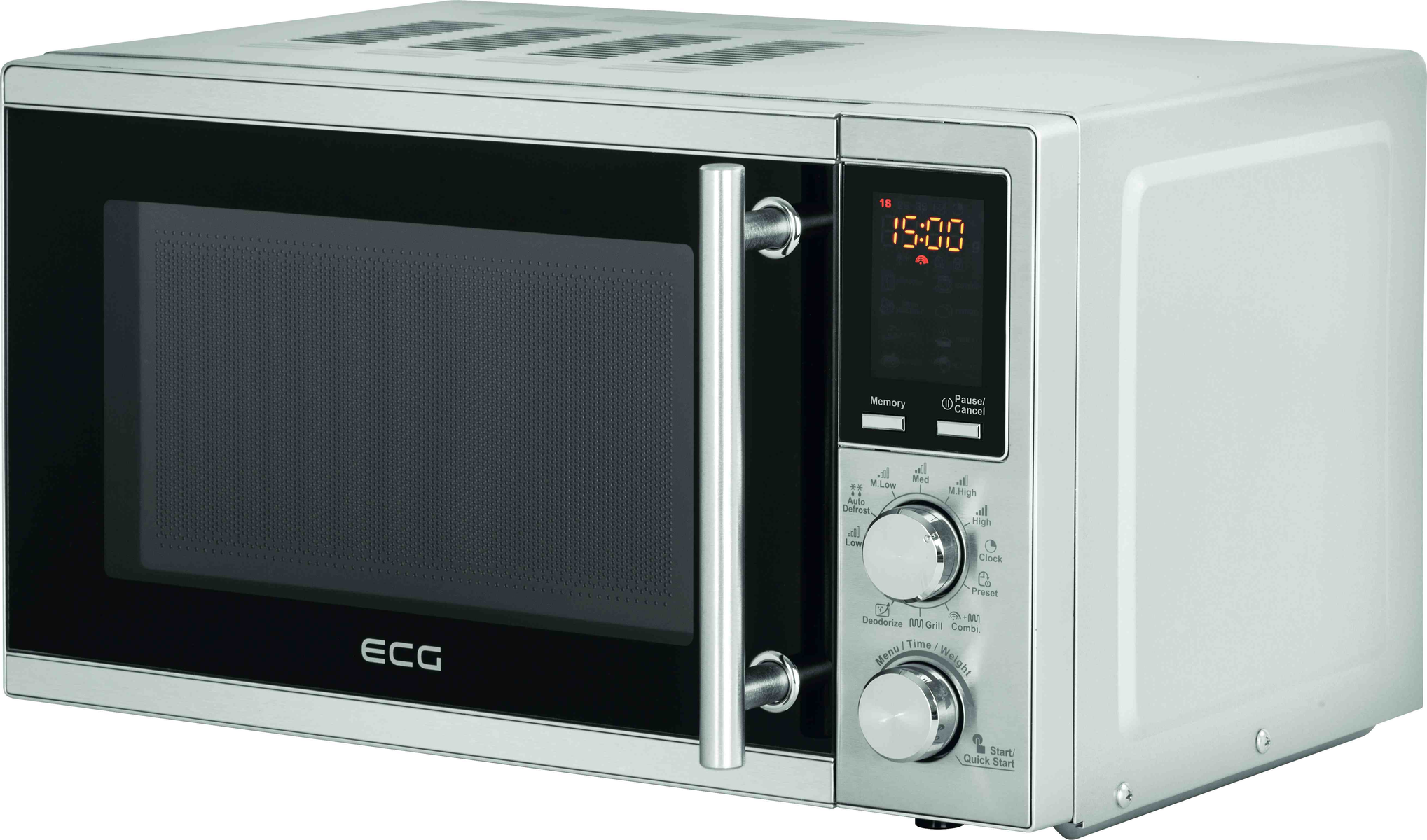 Srebrna kuchenka mikrofalowa ECG z czarnymi drzwiami. Ma wyświetlacz cyfrowy i panel sterowania.
