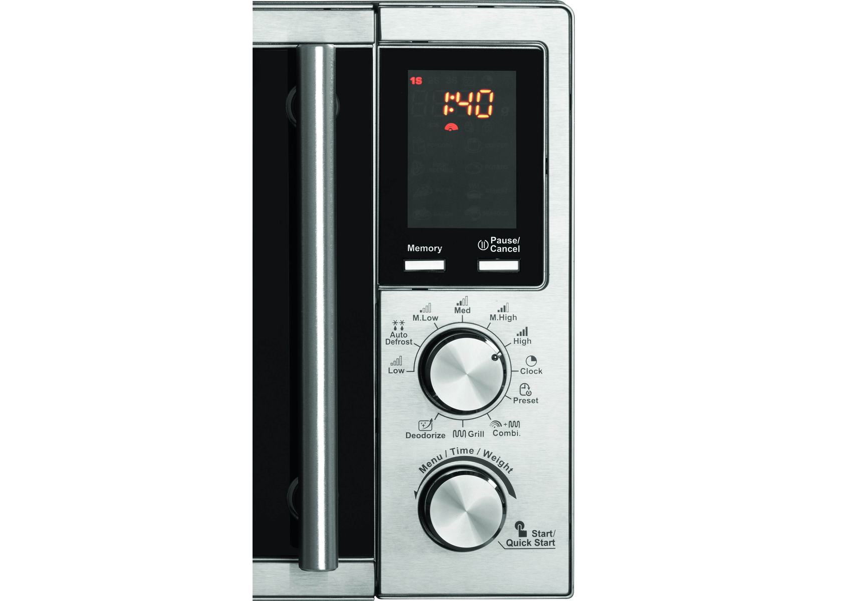 Panel sterowania kuchenki mikrofalowej z wyświetlaczem cyfrowym, przyciskami i pokrętłami.