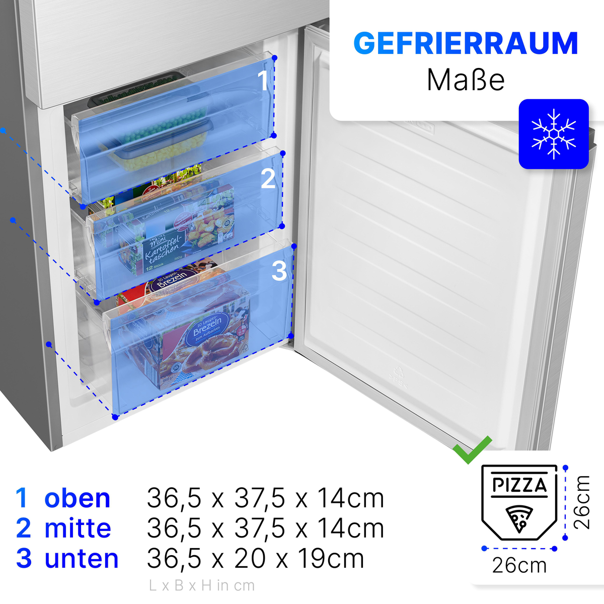 Gefrierschrank mit 3 Schubladen mit Tiefkühlkost. Text zeigt Größen an. Rechts: offene Tür mit Schneeflockensymbol.