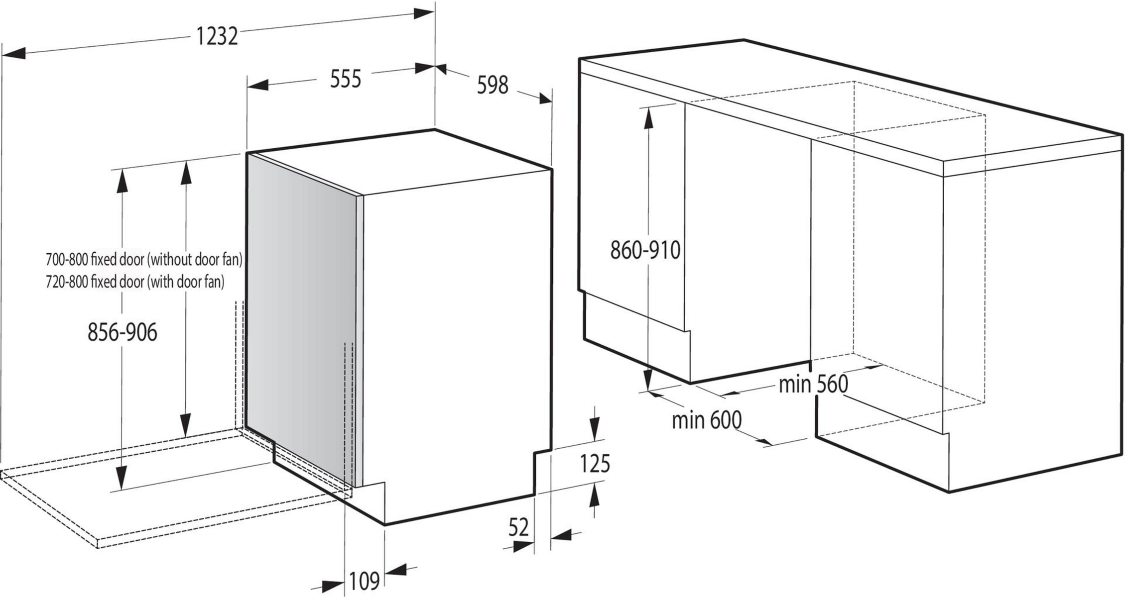 Diagramm eines Geschirrspülers mit Abmessungen. Zeigt Seiten-, Vorder- und Draufsicht.