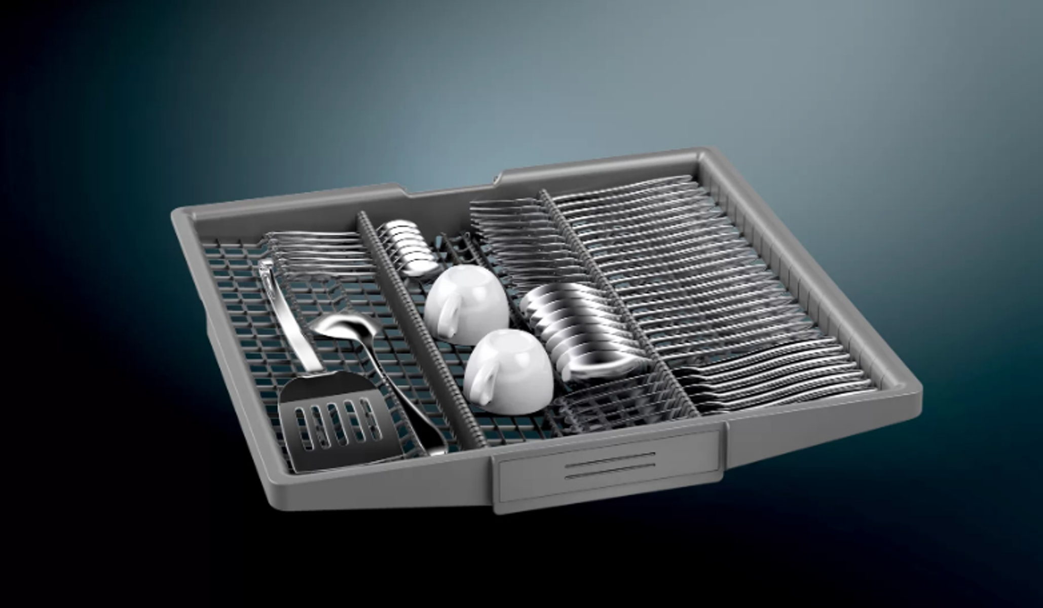 Dishwasher utensil basket with silverware, cups, and other kitchen items on a blue background.