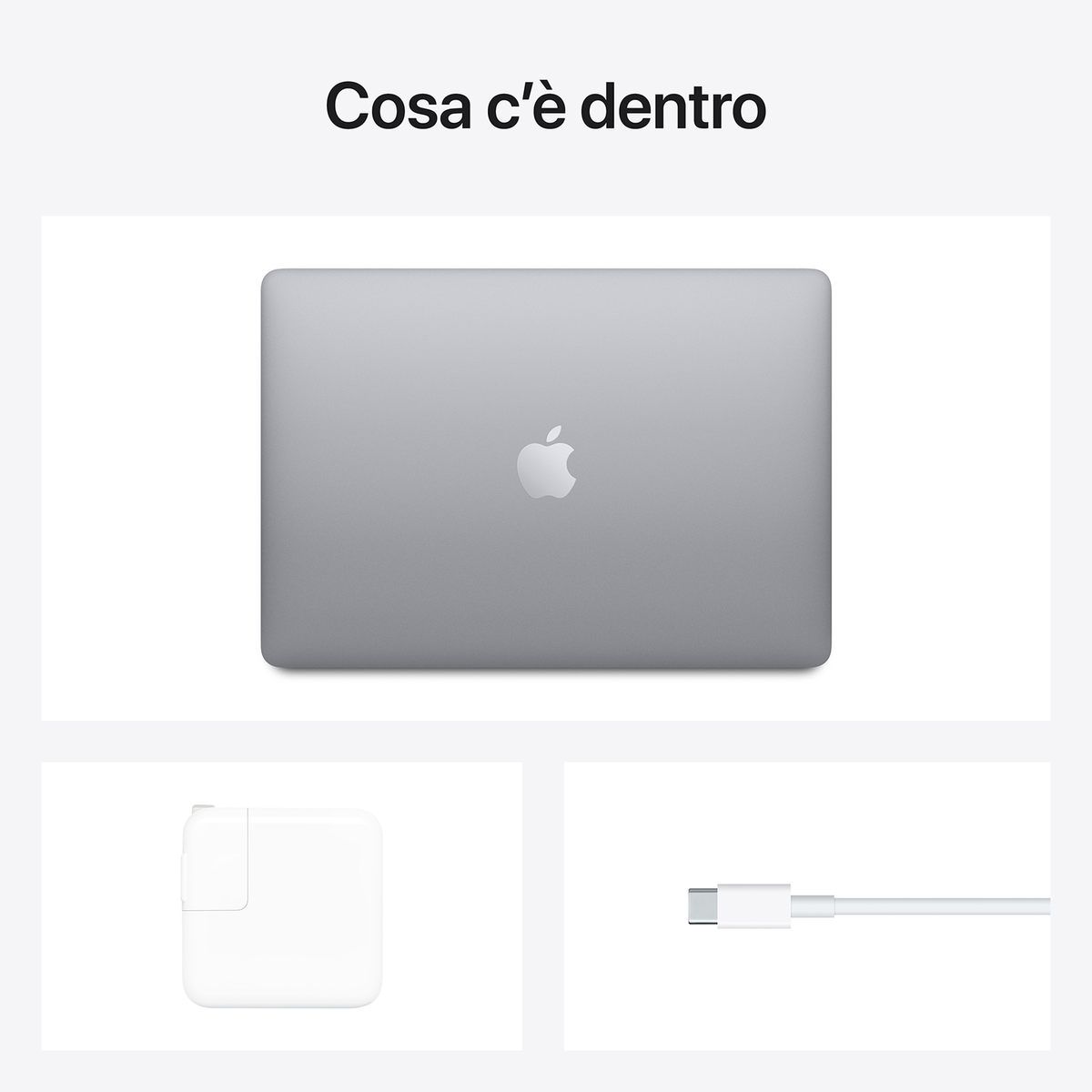 Vista dall'alto di un laptop argentato, un caricatore bianco e un cavo USB-C bianco.