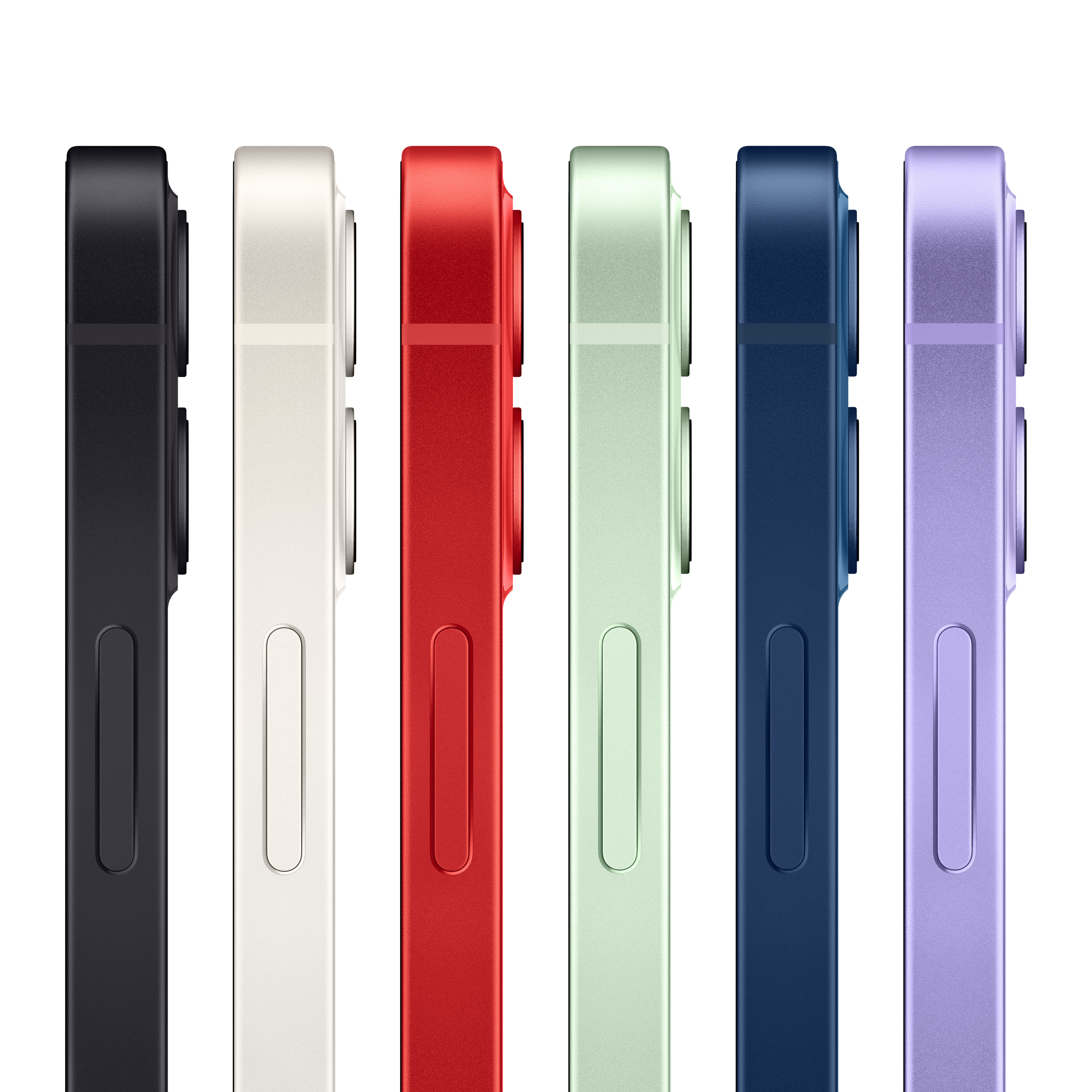 Sześć kolorowych telefonów: czarny, biały, czerwony, zielony, niebieski i fioletowy, obok siebie, pokazując stronę.