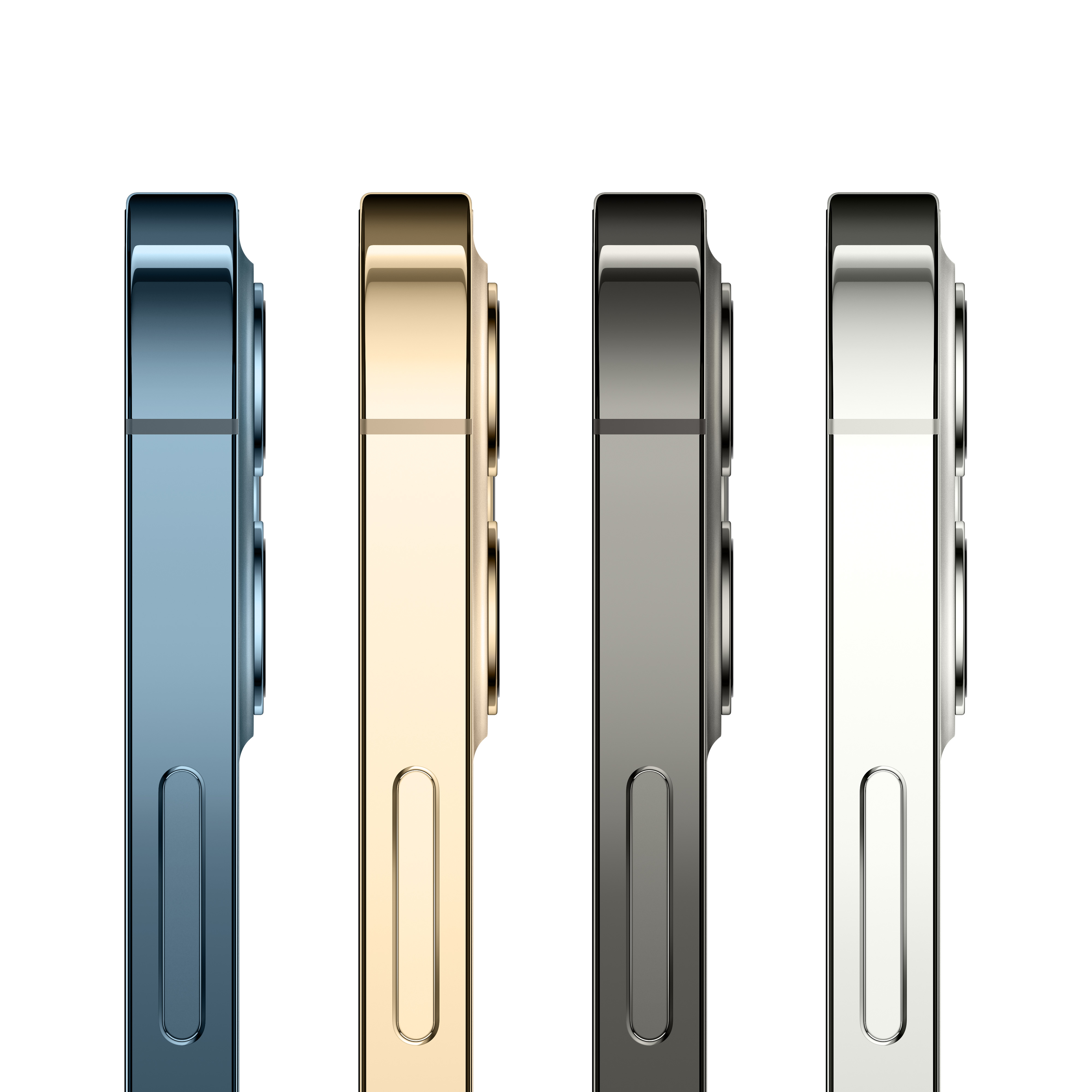 Cztery widoki boczne iPhone'a w kolorach niebieskim, złotym, szarym i białym. Widoczne przyciski boczne.