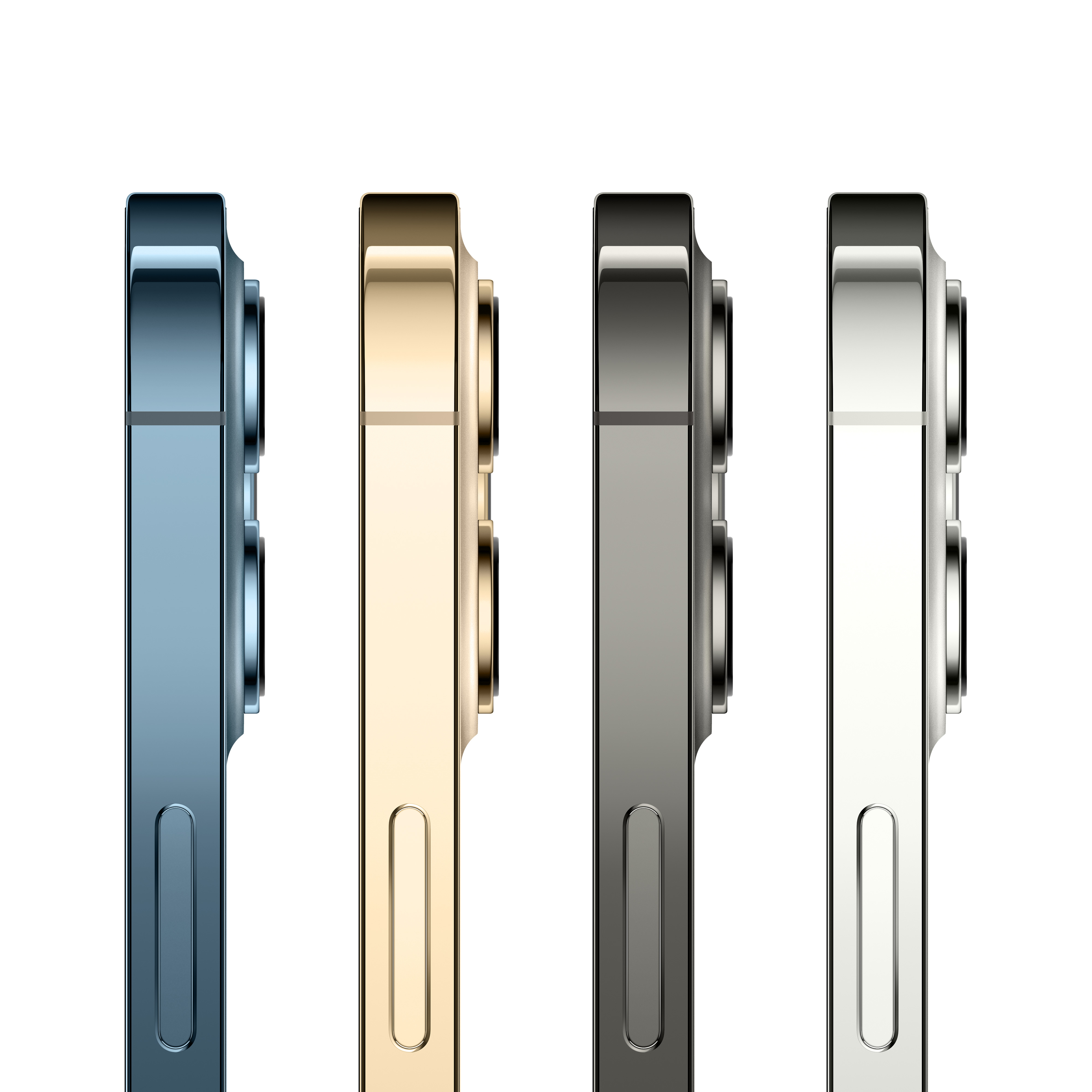 Cztery modele iPhone 13 Pro w różnych kolorach, widok z boku, na białym tle.