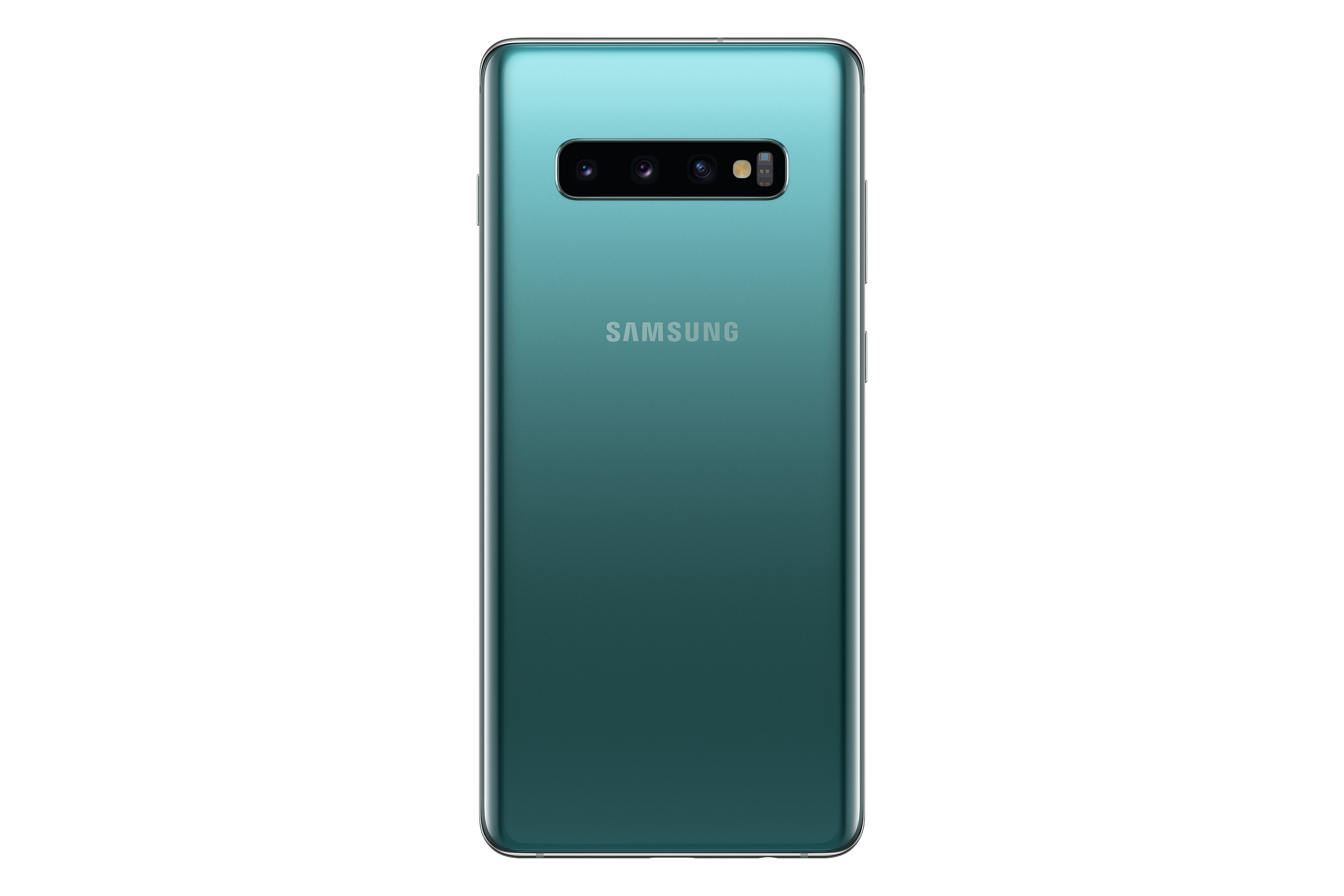 Türkisgrünes Samsung Galaxy S10, Rückansicht, mit drei Kameras und SAMSUNG-Logo.