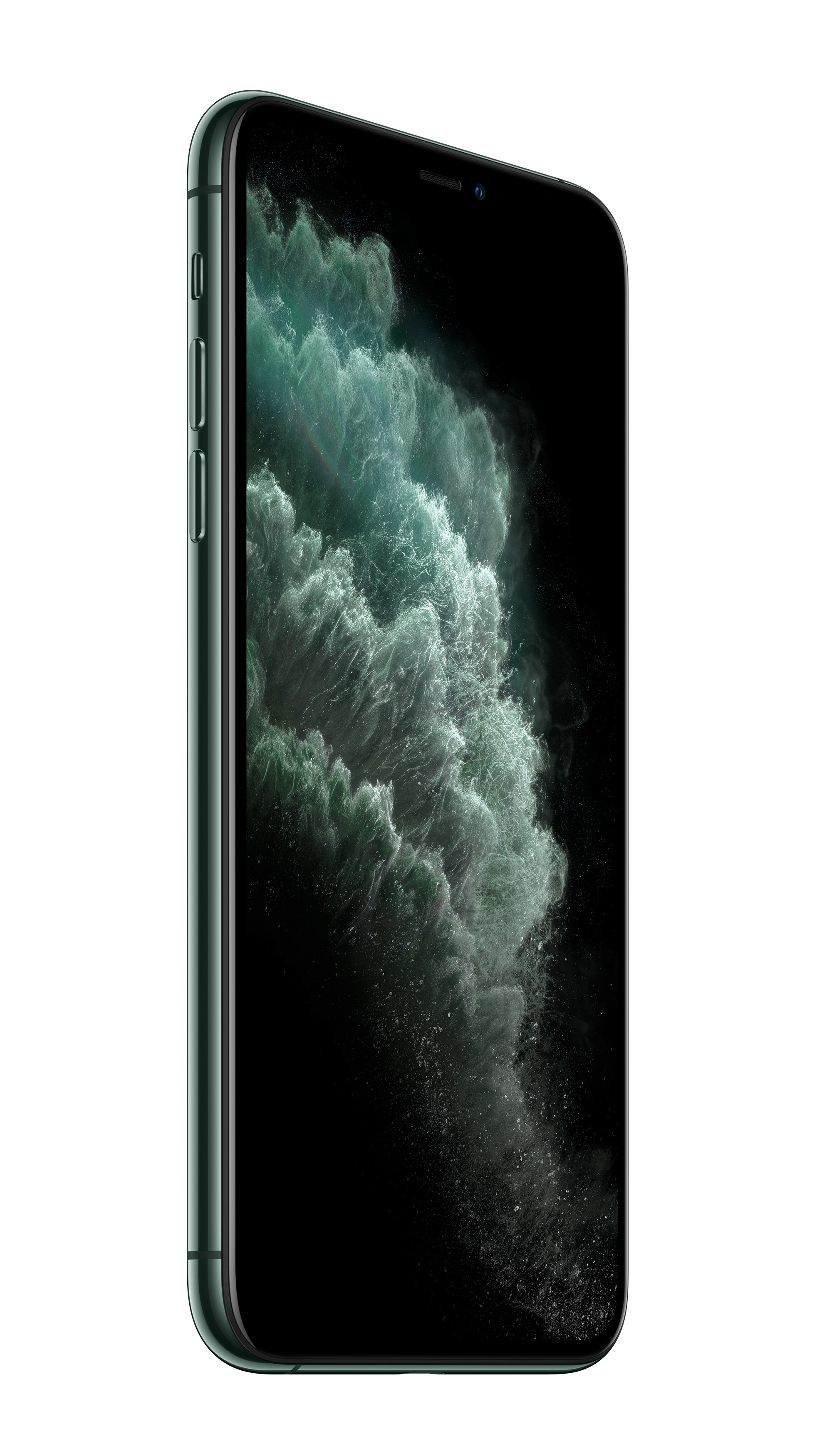 Zielony iPhone na białym tle. Ekran to ciemnozielony obraz. Widoczny jest bok telefonu.