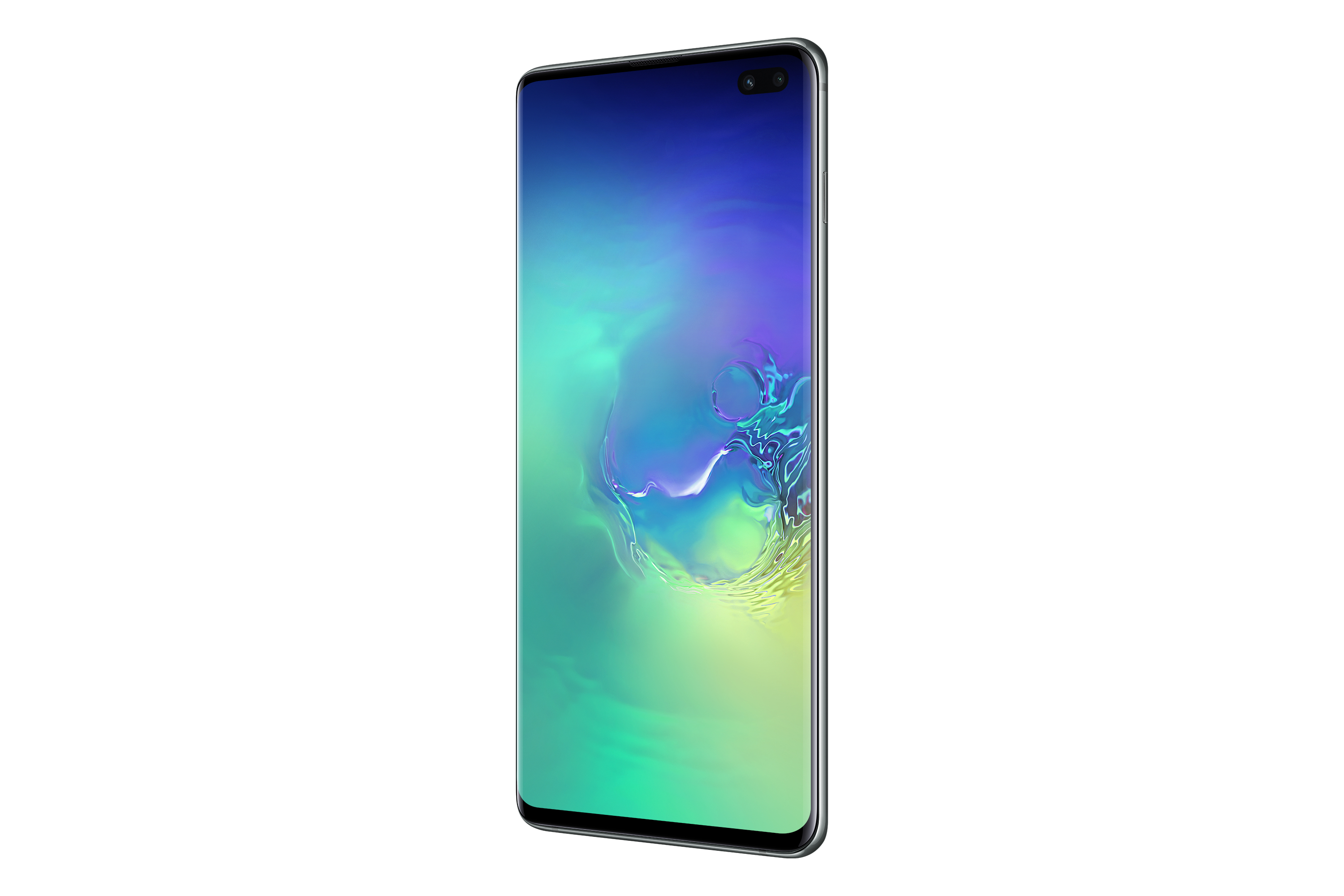 Ein Samsung Galaxy S10+ Smartphone, mit farbenfrohem Bildschirm, wird von der Seite gezeigt.