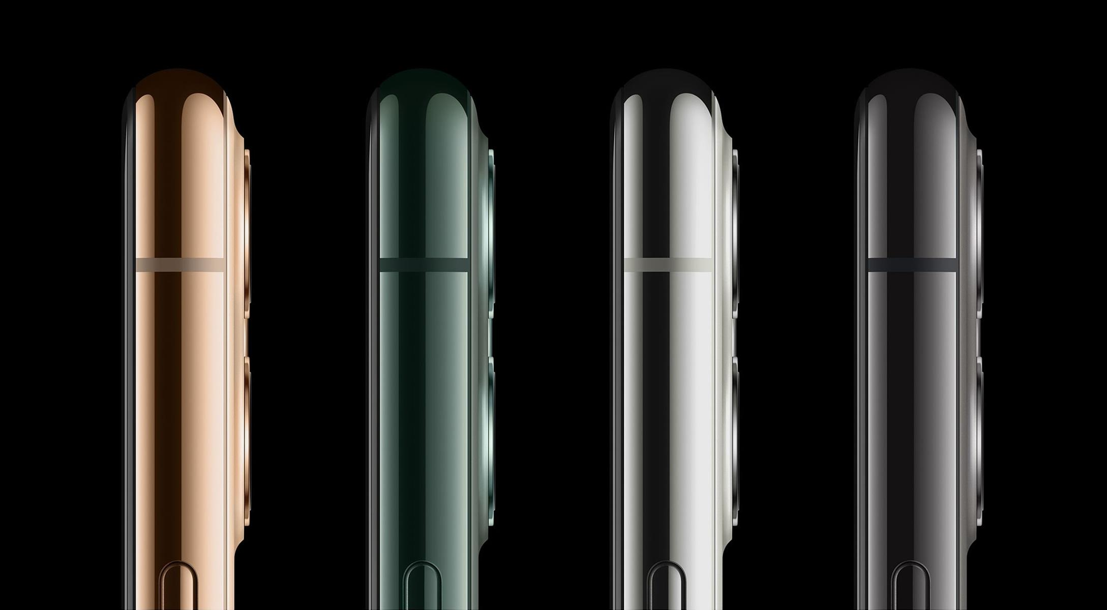 Cuatro iPhones en oro, verde, plata y negro, vista lateral.