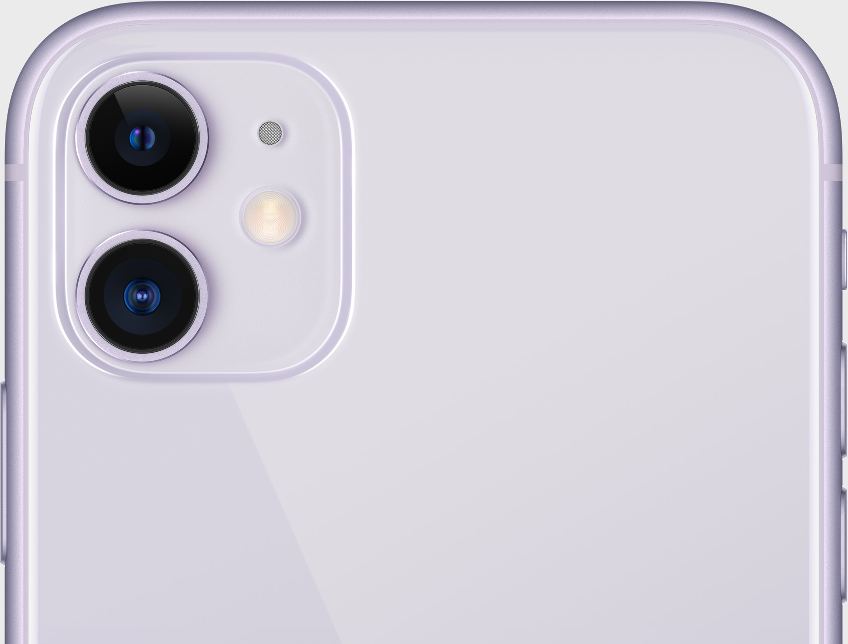 Primo piano di un telefono lilla con due fotocamere e un flash.