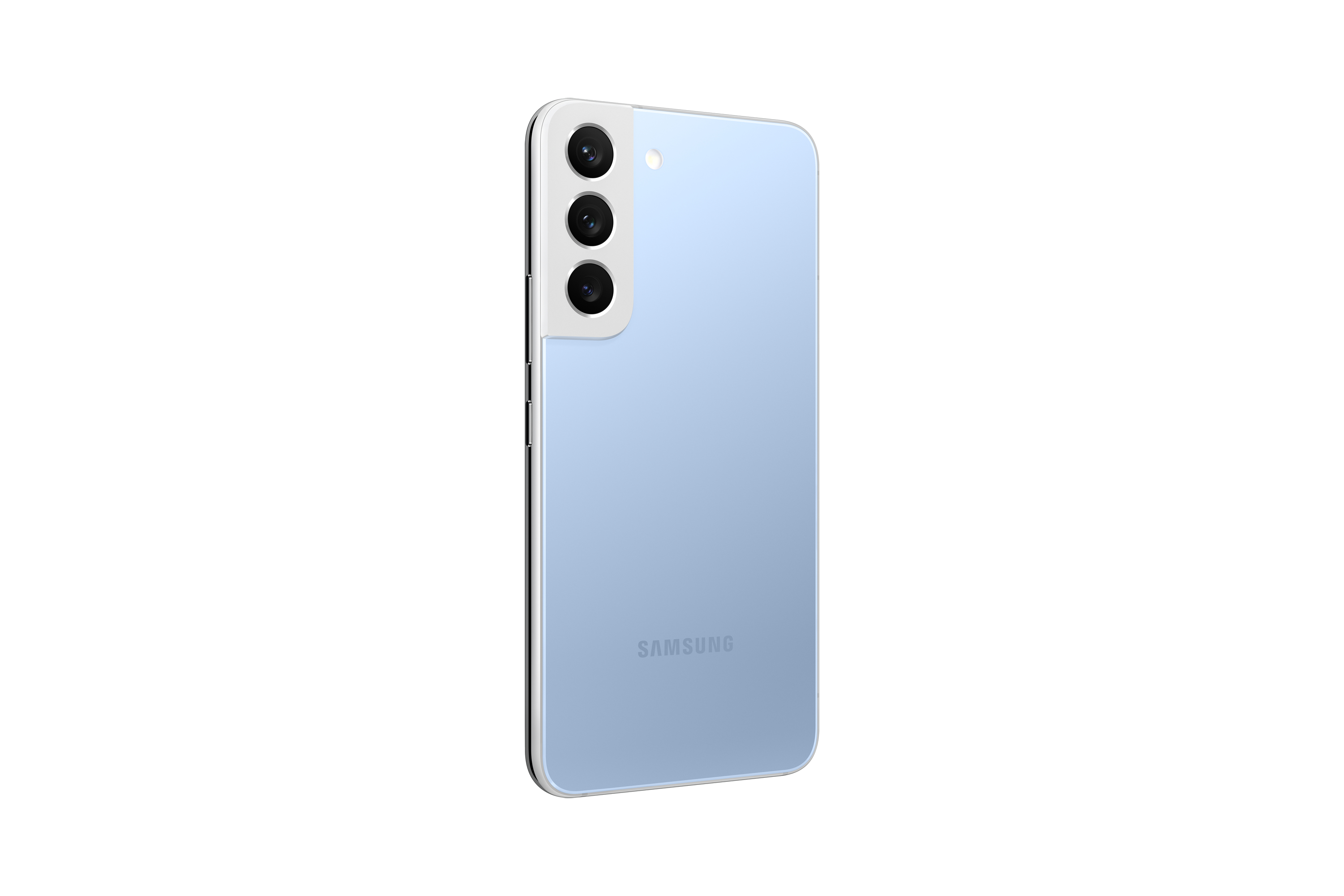 Blaues Smartphone mit drei Kameras auf der Rückseite, weißer Hintergrund.
