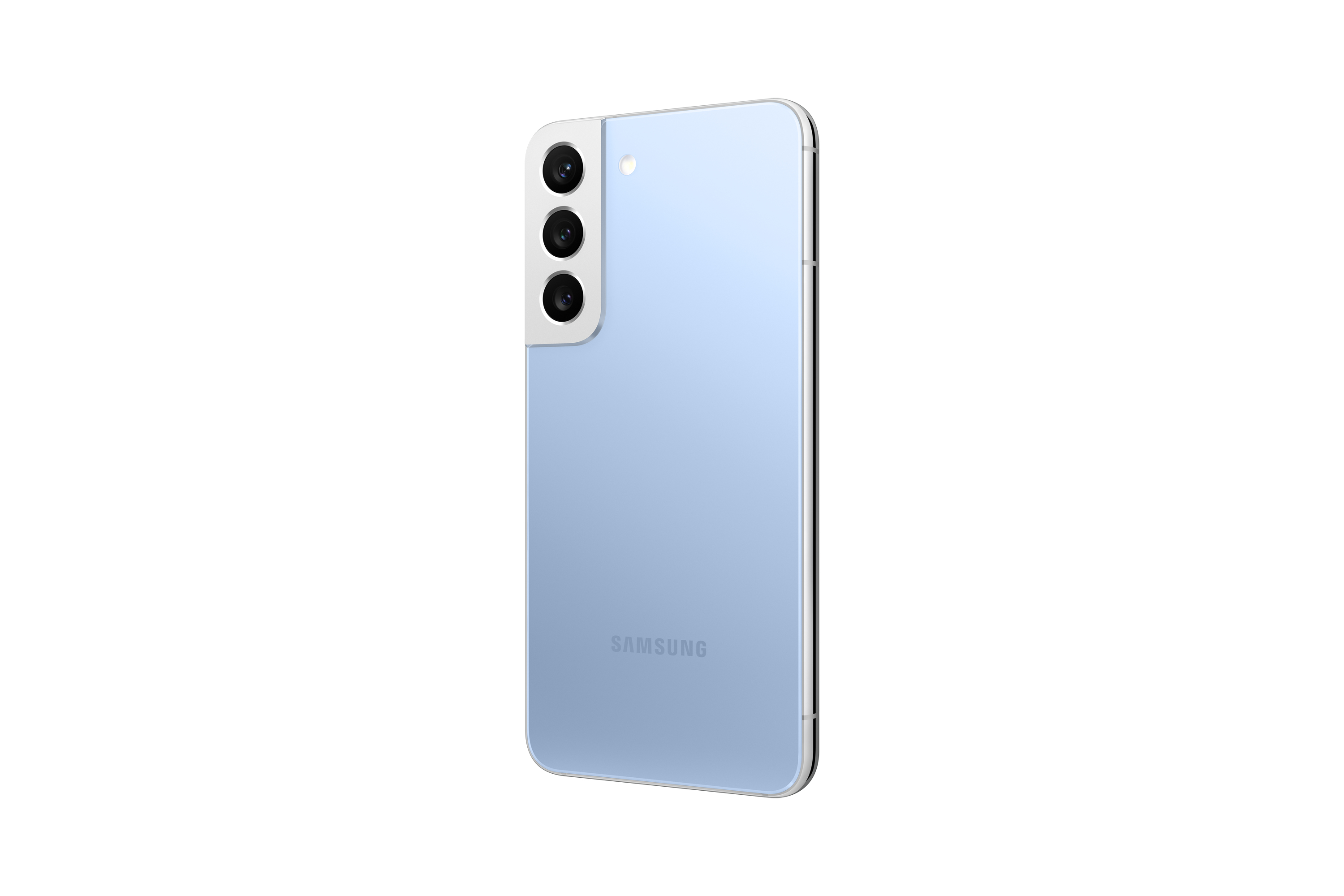 Hellblaues Samsung-Telefon mit drei Kameras und Markenlogo. Weißer Hintergrund.