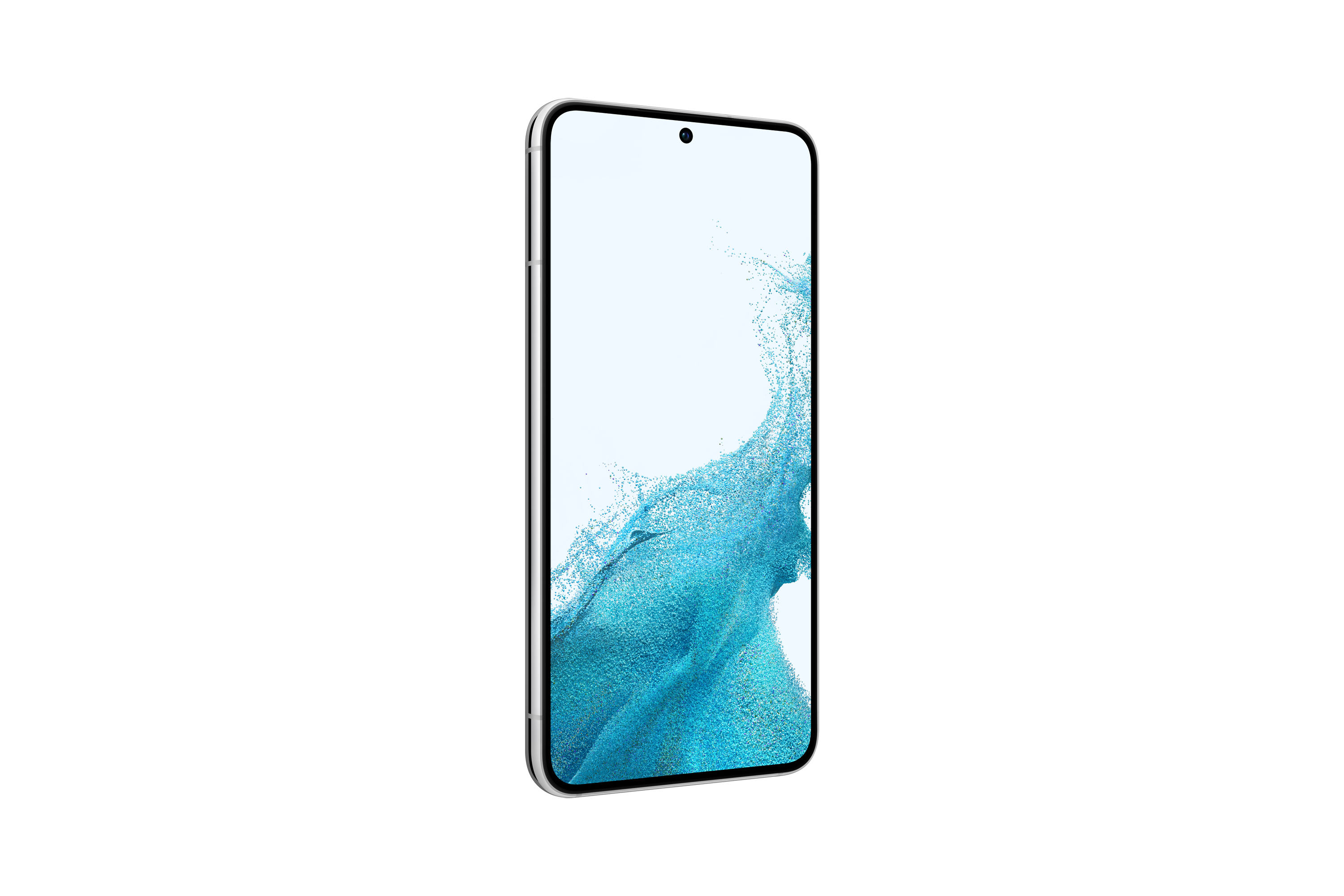 Ein silbernes Smartphone mit einem weißen Bildschirm, der ein blau-weißes abstraktes Design zeigt.