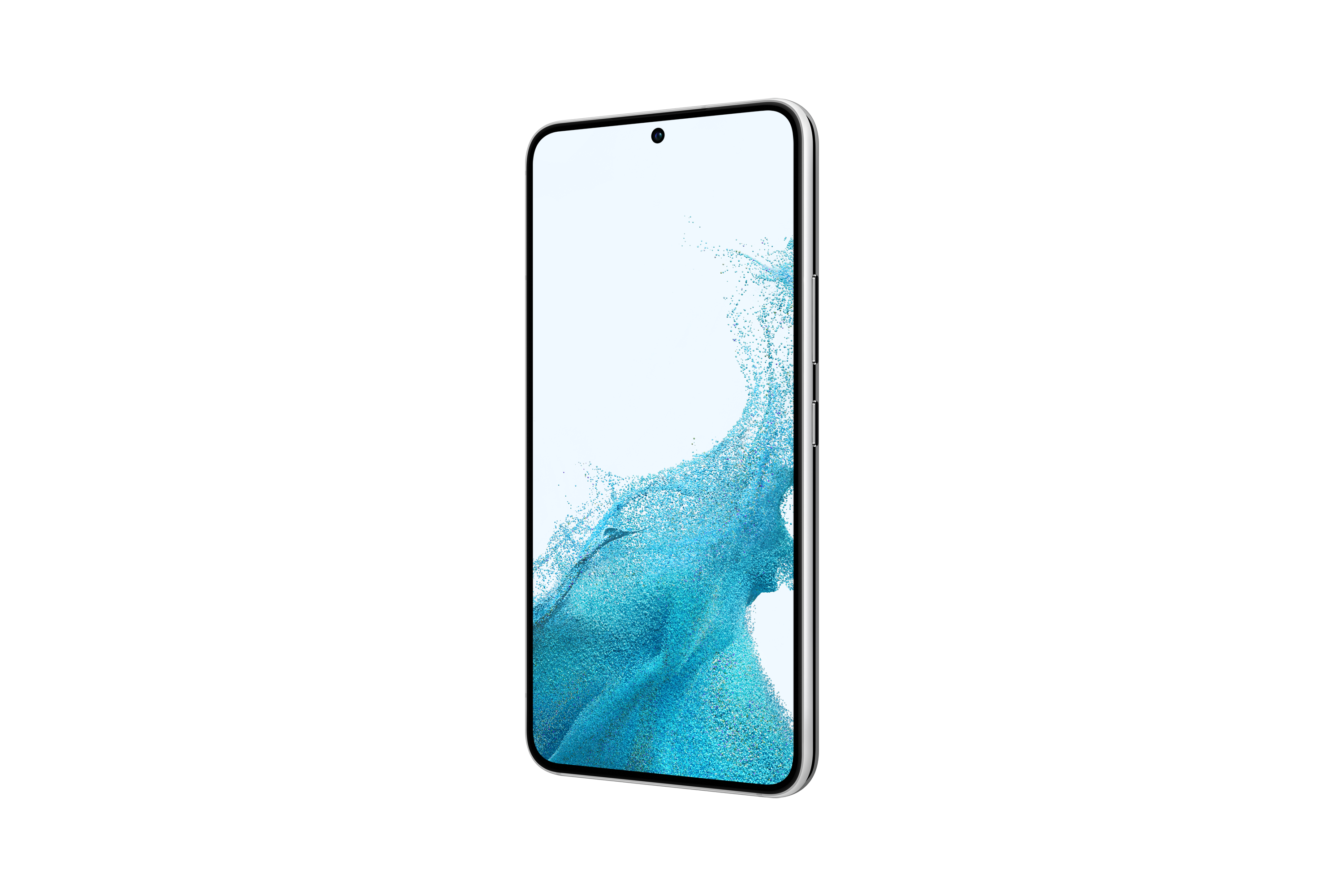 Smartphone mit Bildschirm, der blaue und weiße Muster zeigt. Silberner Rahmen, schräge Ansicht.