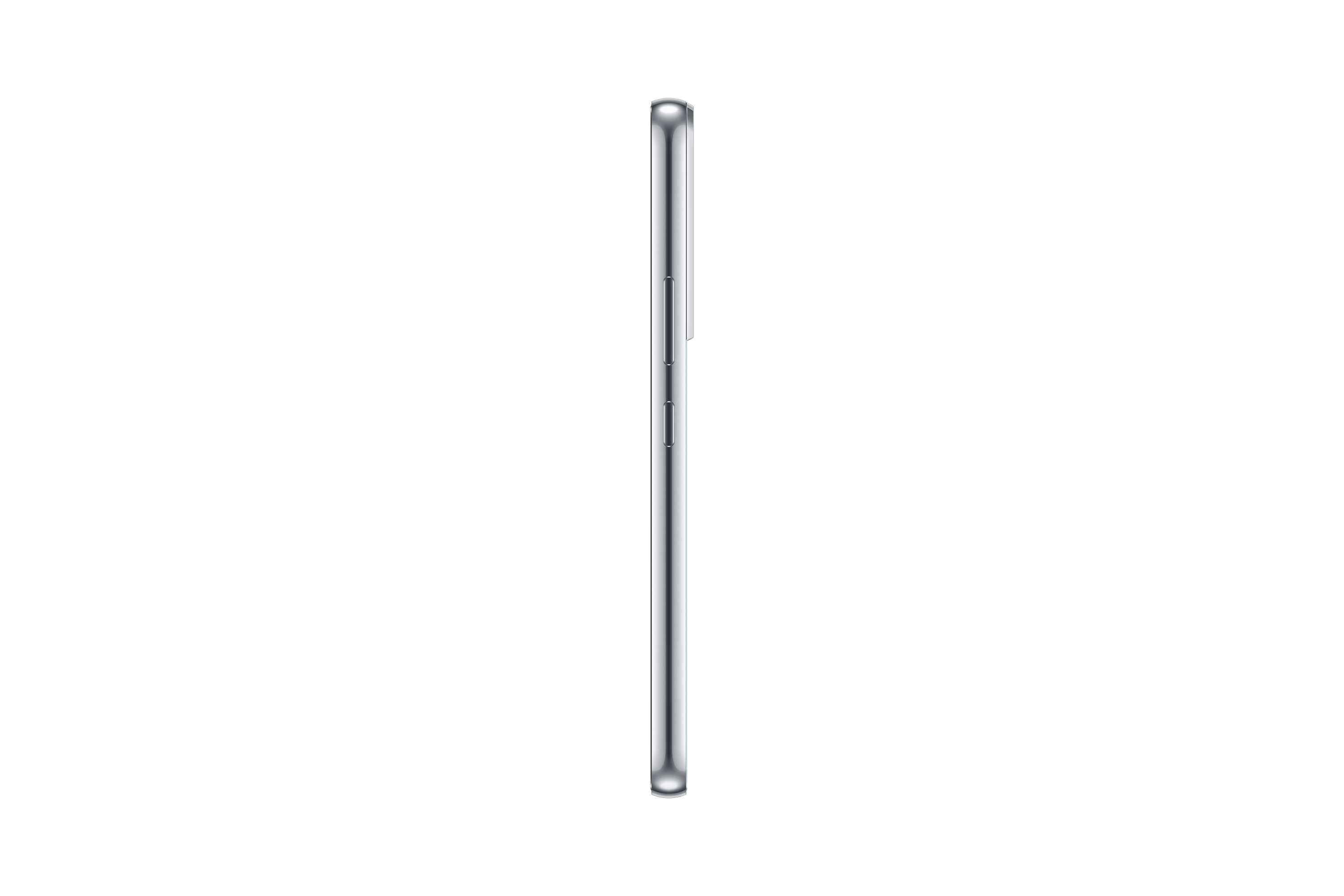 Seitenansicht eines silbernen Smartphones. Knöpfe an der Seite, weißer Hintergrund.