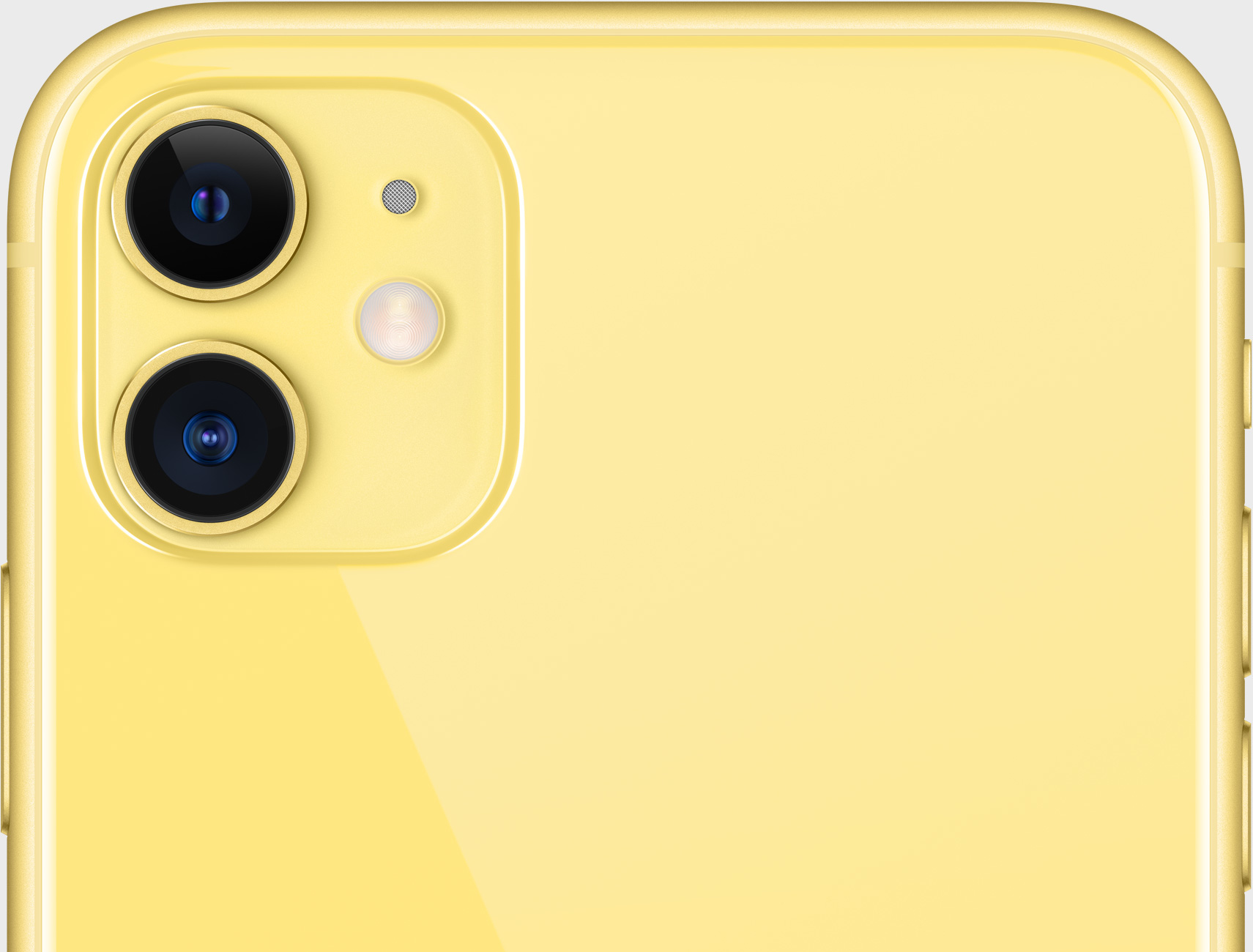 Sarı iPhone 11'in arkası, iki kamera ve bir flaş ile.