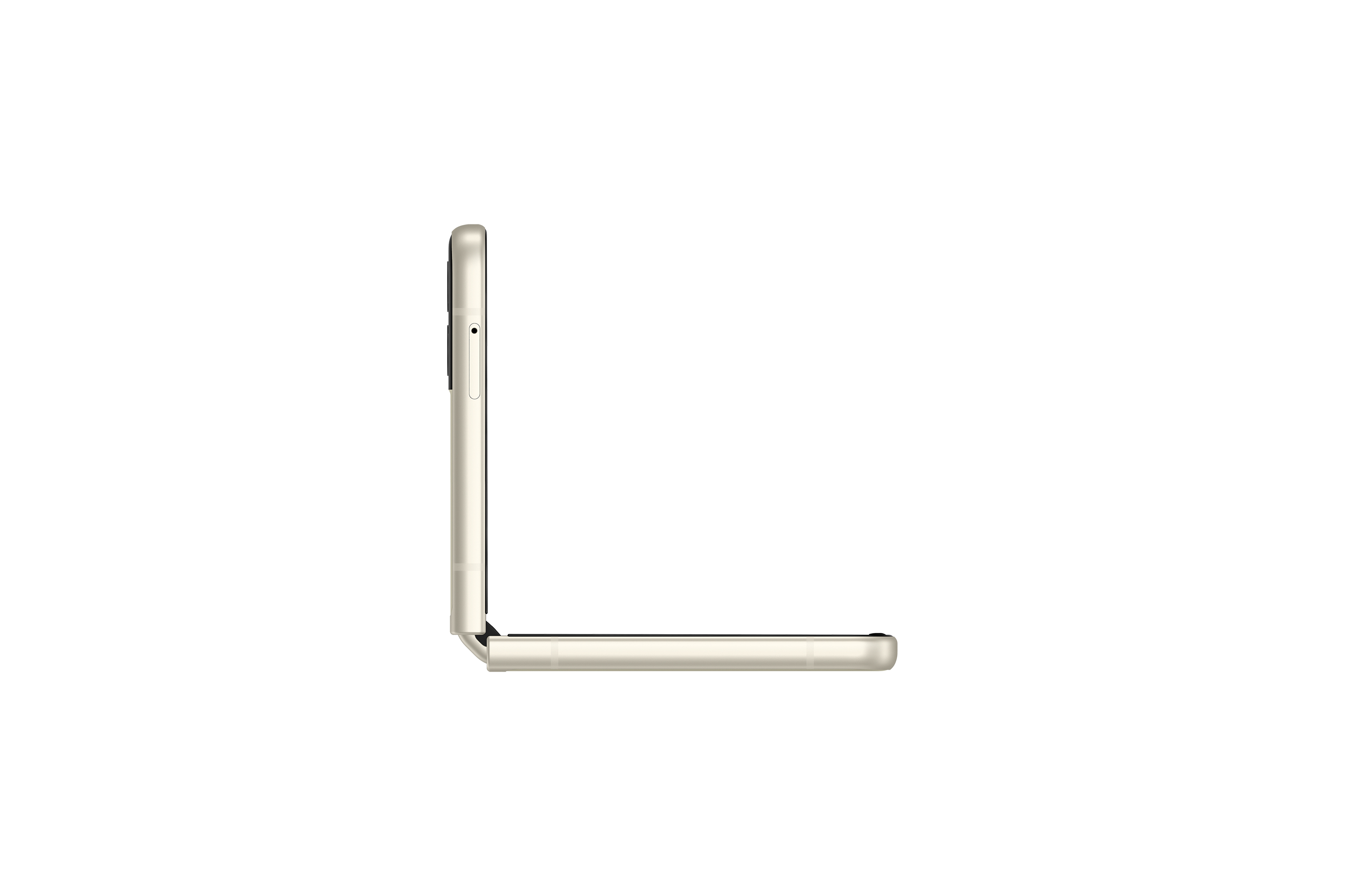 Opgevouwen gouden smartphone. Zijaanzicht, witte achtergrond.