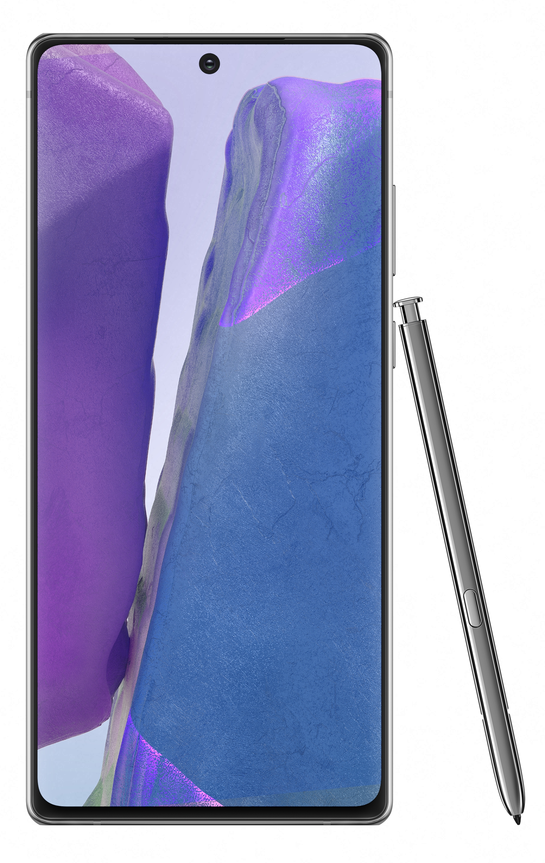 Ein schwarzes Smartphone mit Stift. Der Bildschirm zeigt einen abstrakten lila und blauen Hintergrund.