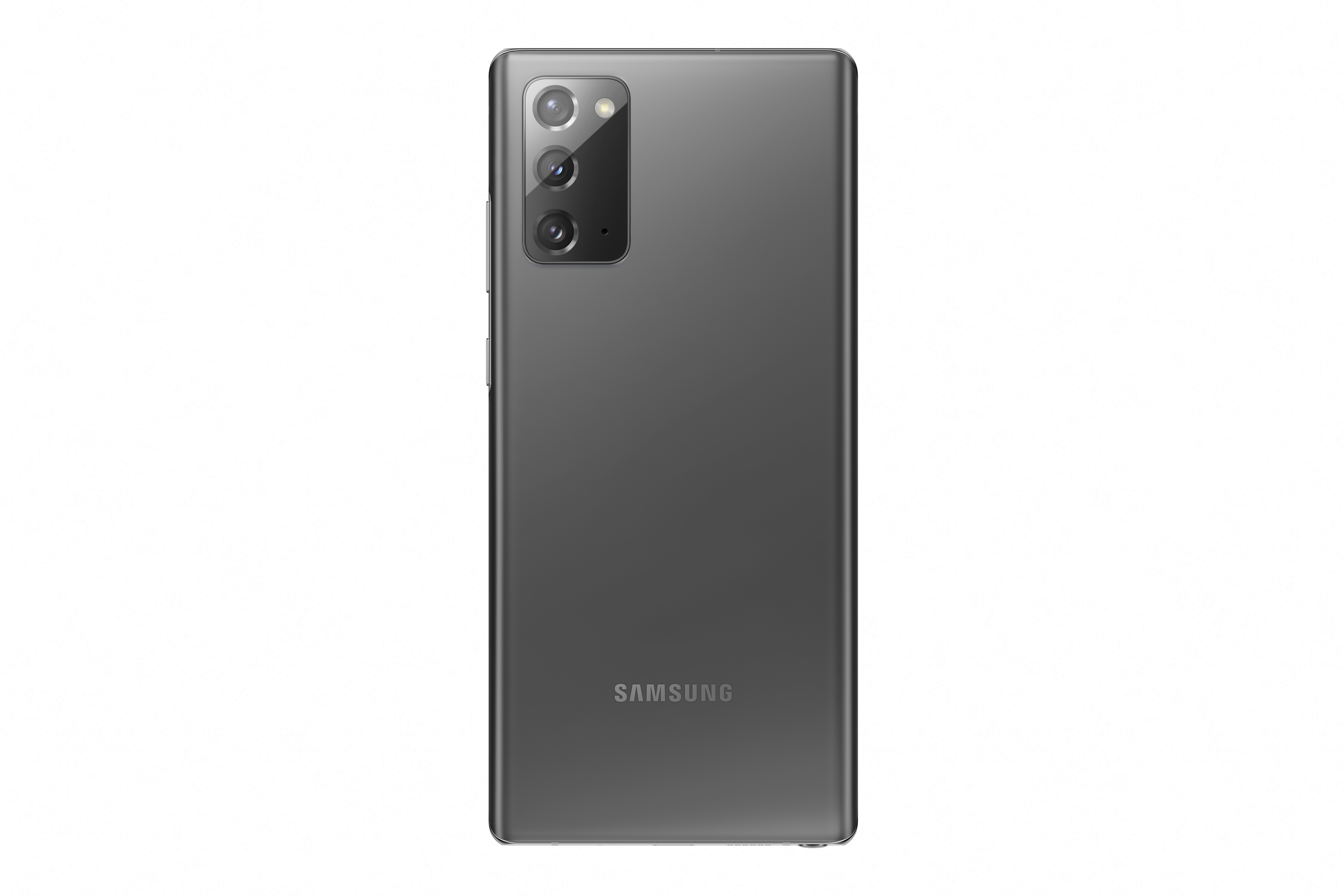 Rückansicht eines grauen Samsung Galaxy-Telefons mit drei Kameralinsen und dem Samsung-Logo.